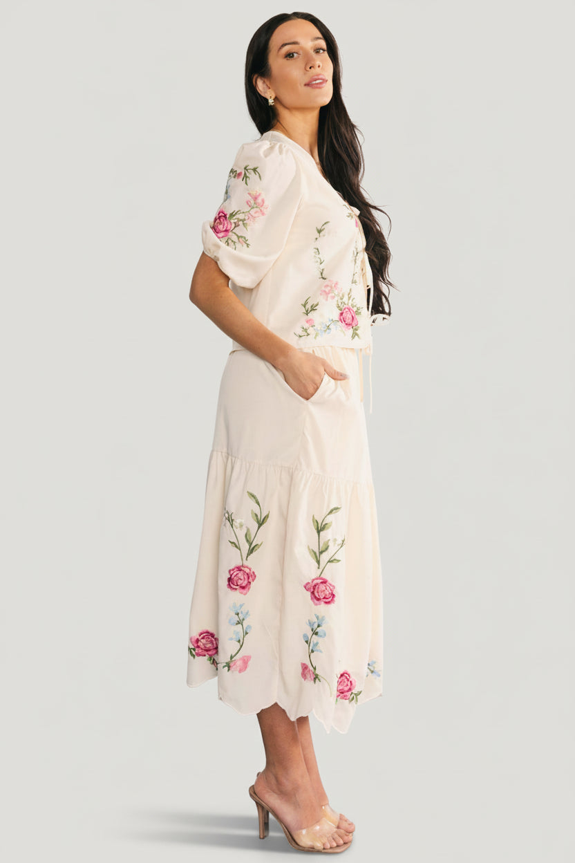 Styled outfit shot of the full Josephine set on model, displaying proportions, lining coverage and scalloped hem detail.