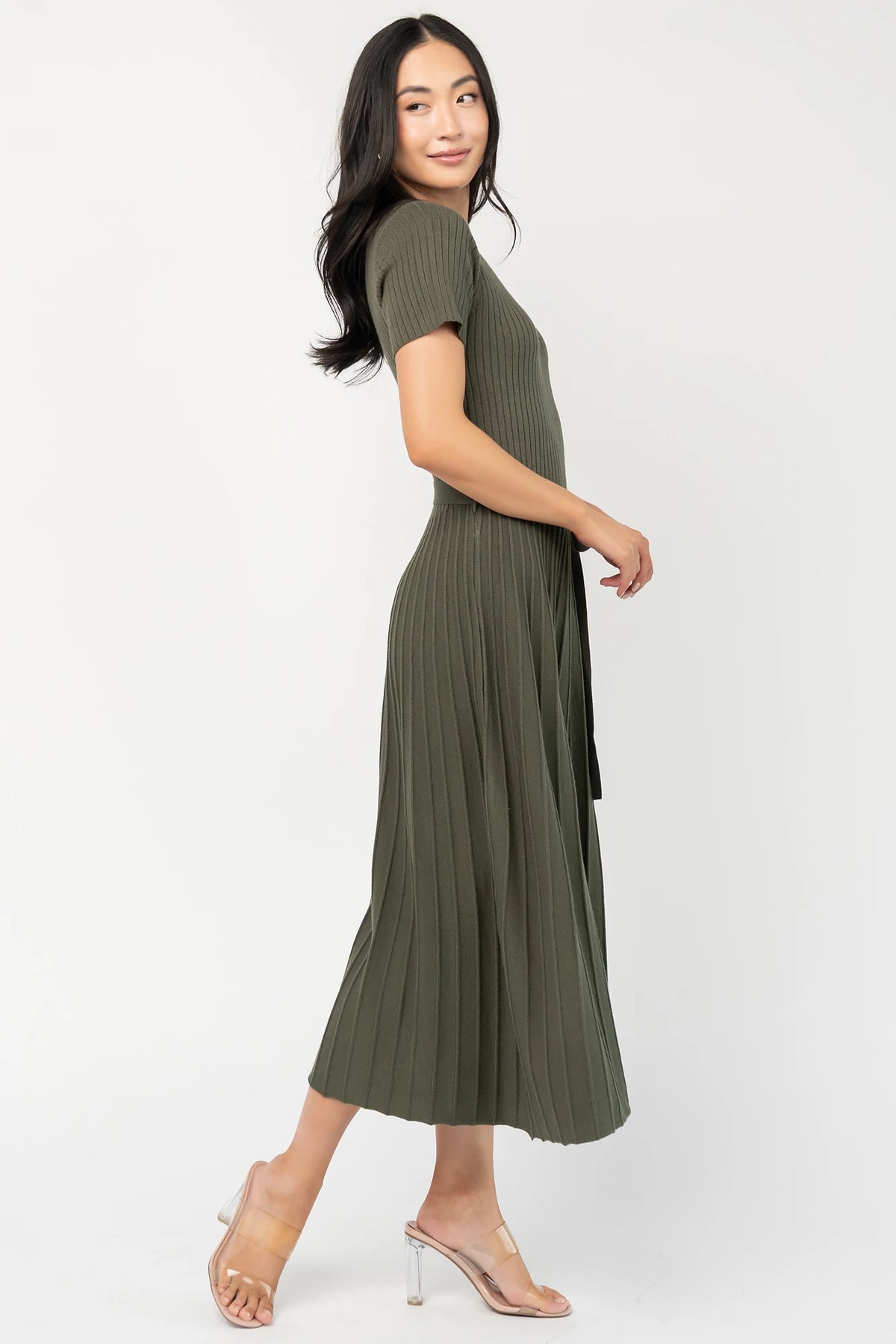 Jessamine Midi Dress with ribbed sweater knit, crew neckline, short sleeves, self-tie waist belt, and pleated skirt.