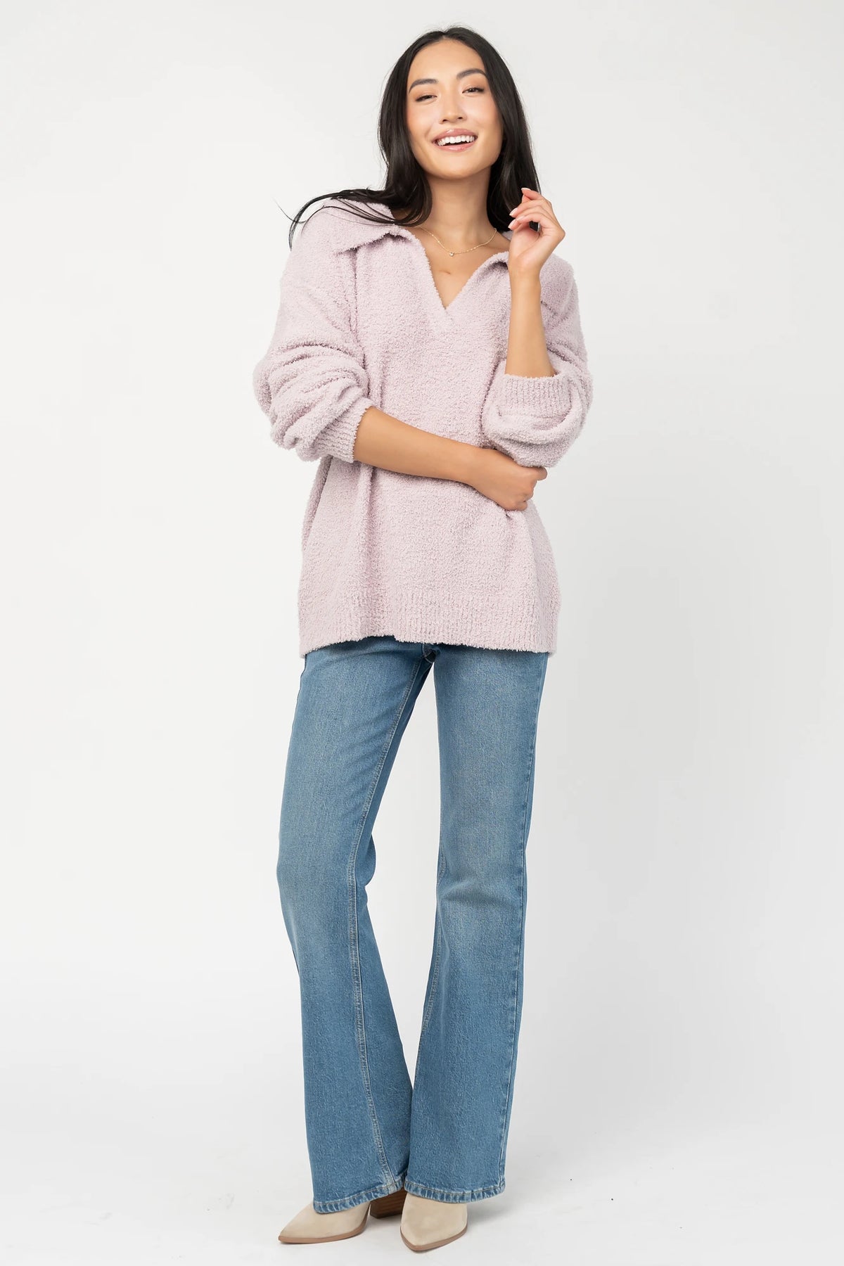 Lockwood Sweater in Dusty Lilac with fuzzy knit texture, collared V-neck, long sleeves, and ribbed cuffs and hem.