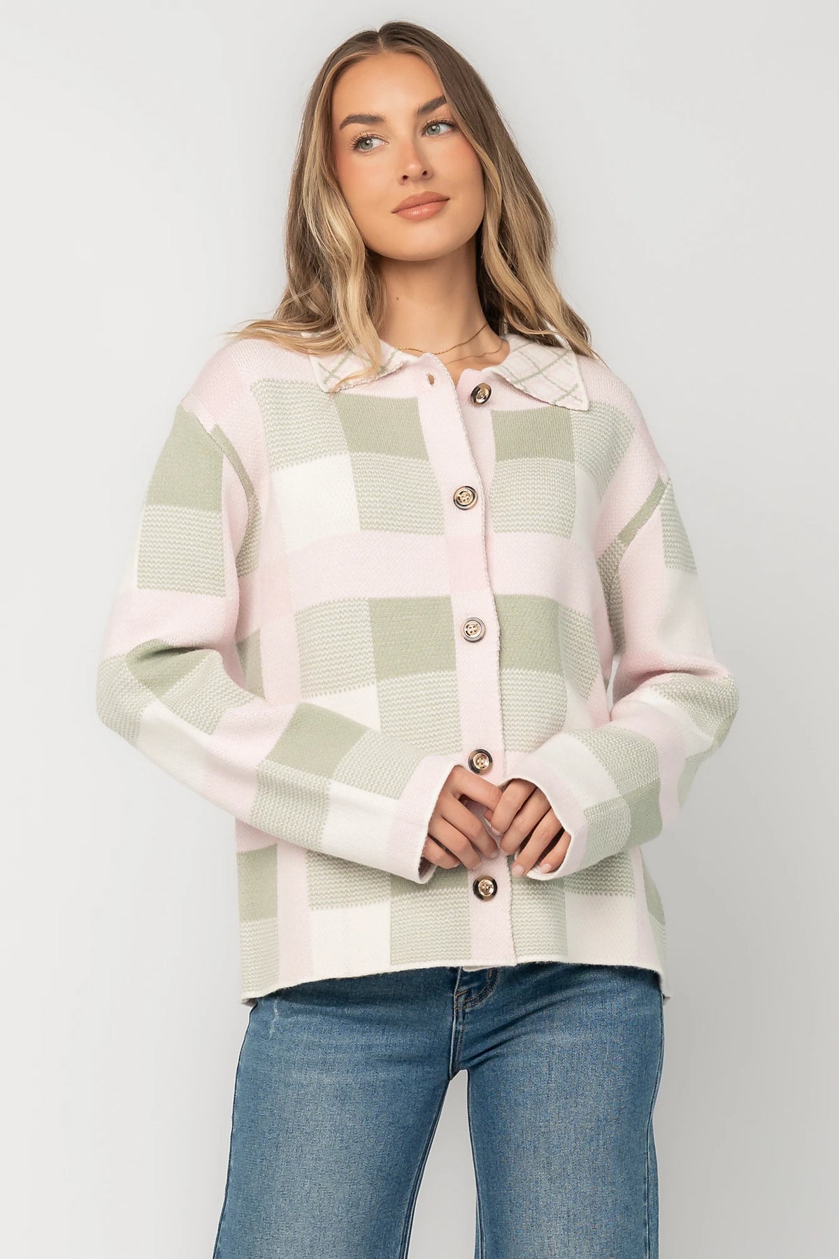 Midtown Plaid Jacket in Blush + Sage with soft knit texture, classic plaid pattern, and relaxed silhouette.