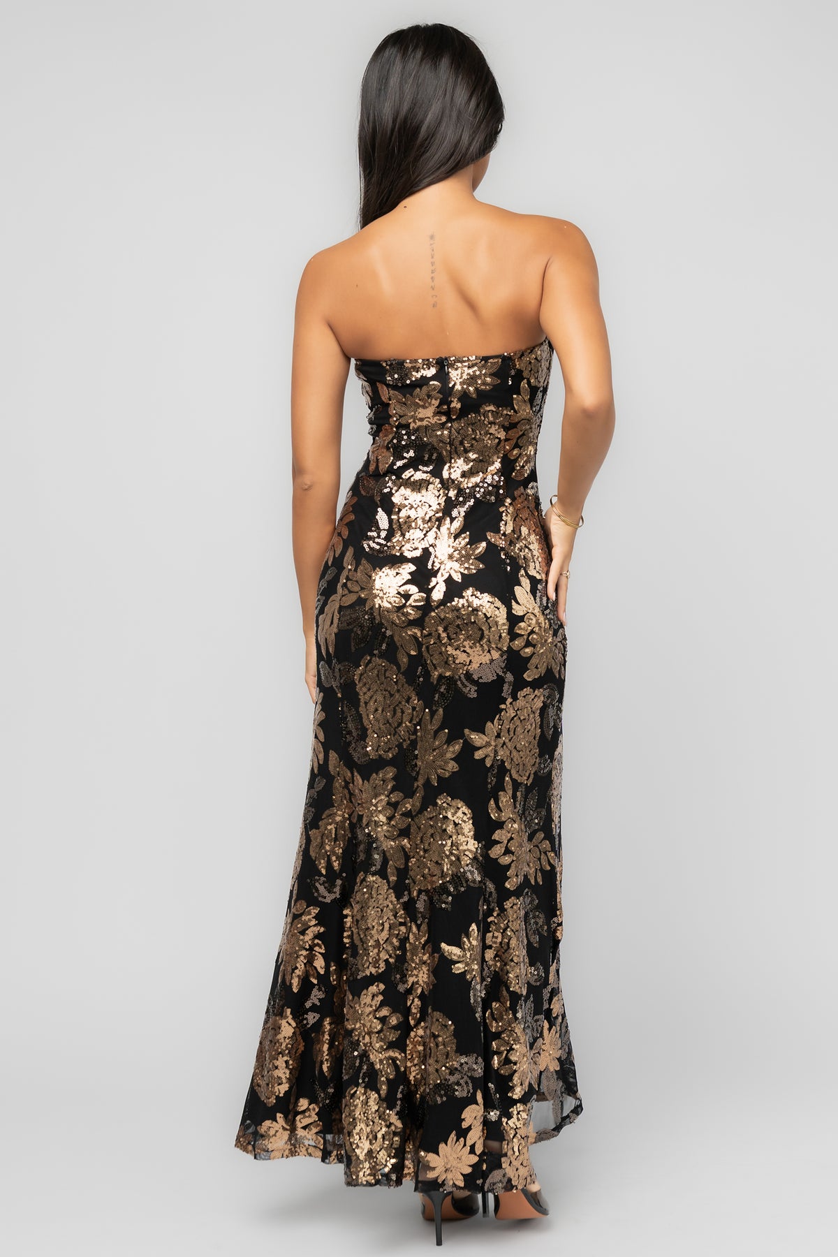 Chloe Sequin Strapless Maxi Dress | Black + Gold
