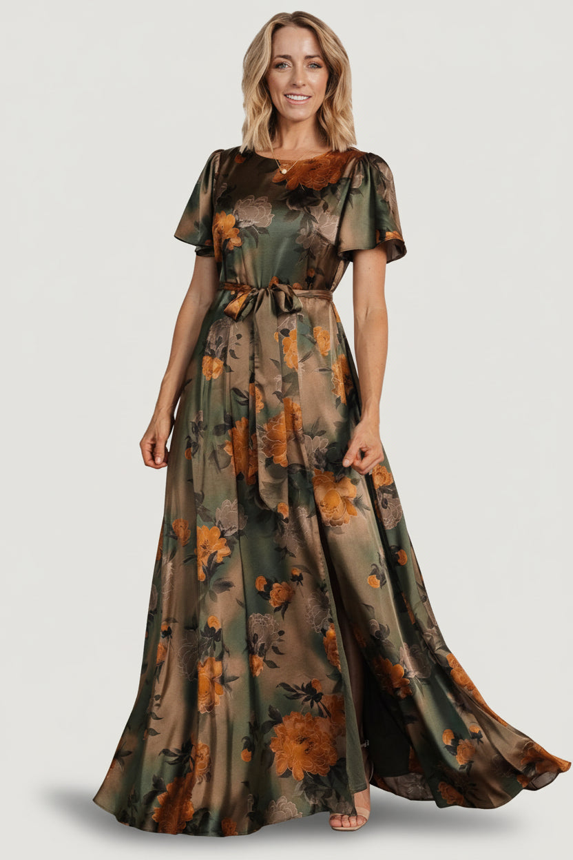 Agnes Satin Maxi Dress | Olive Floral