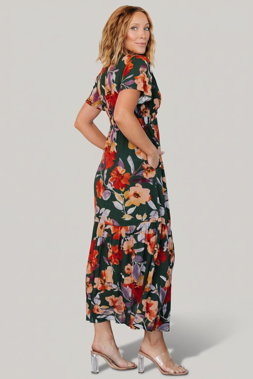 Cassie Short Sleeve Dress | Dark Green Floral
