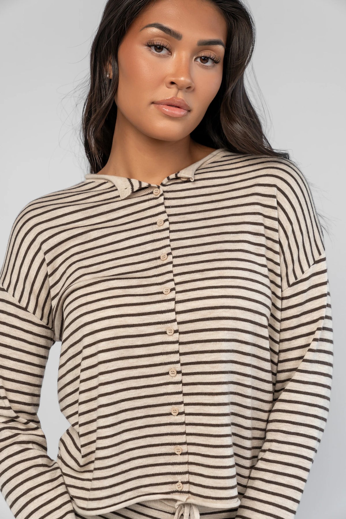 Charlene Cozy Stripe Lounge Set in Oatmeal + Brown with striped pattern and coordinating top and pants.