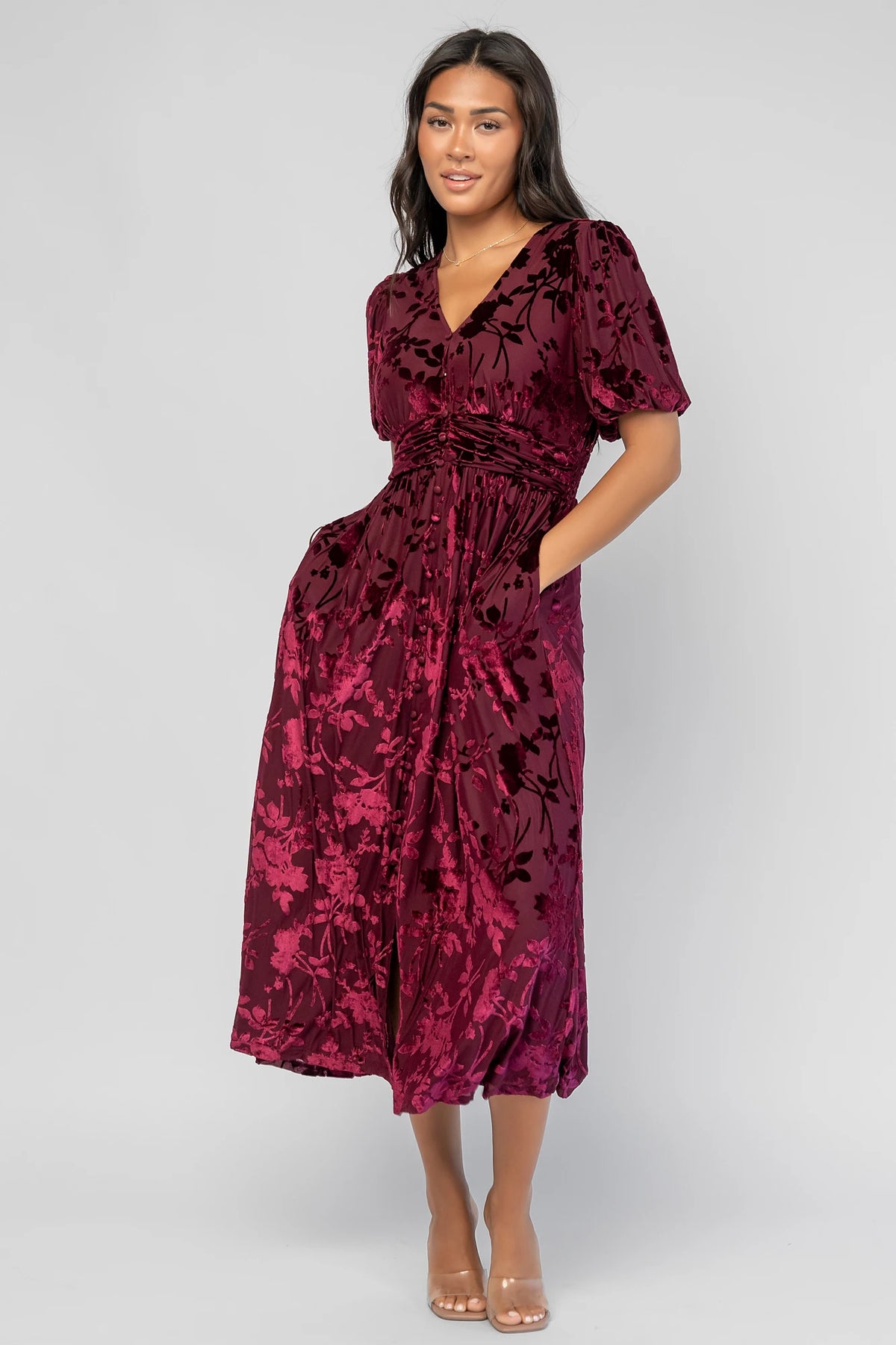Dahlia Velvet Dress in Mulberry Floral with embossed velvet texture, a V-neckline, faux-button placket, and puff sleeves.