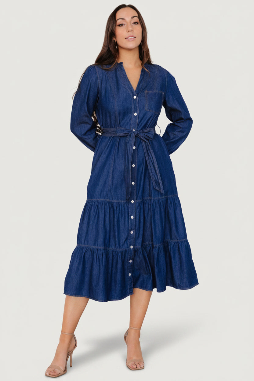 Styled outfit look: Misty Midi Dress in denim blue paired with ankle boots, offering western-inspired casual styling.