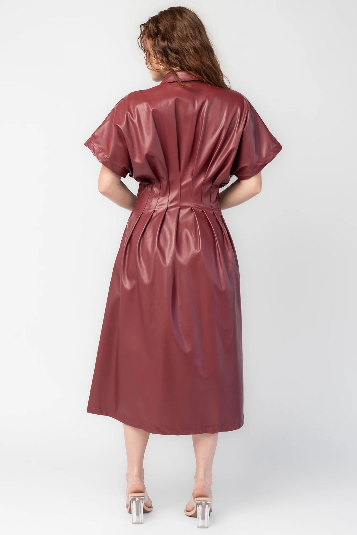 Montclair Structured Midi Shirt Dress in Burgundy with faux leather, button front, pleated waist, and full skirt.