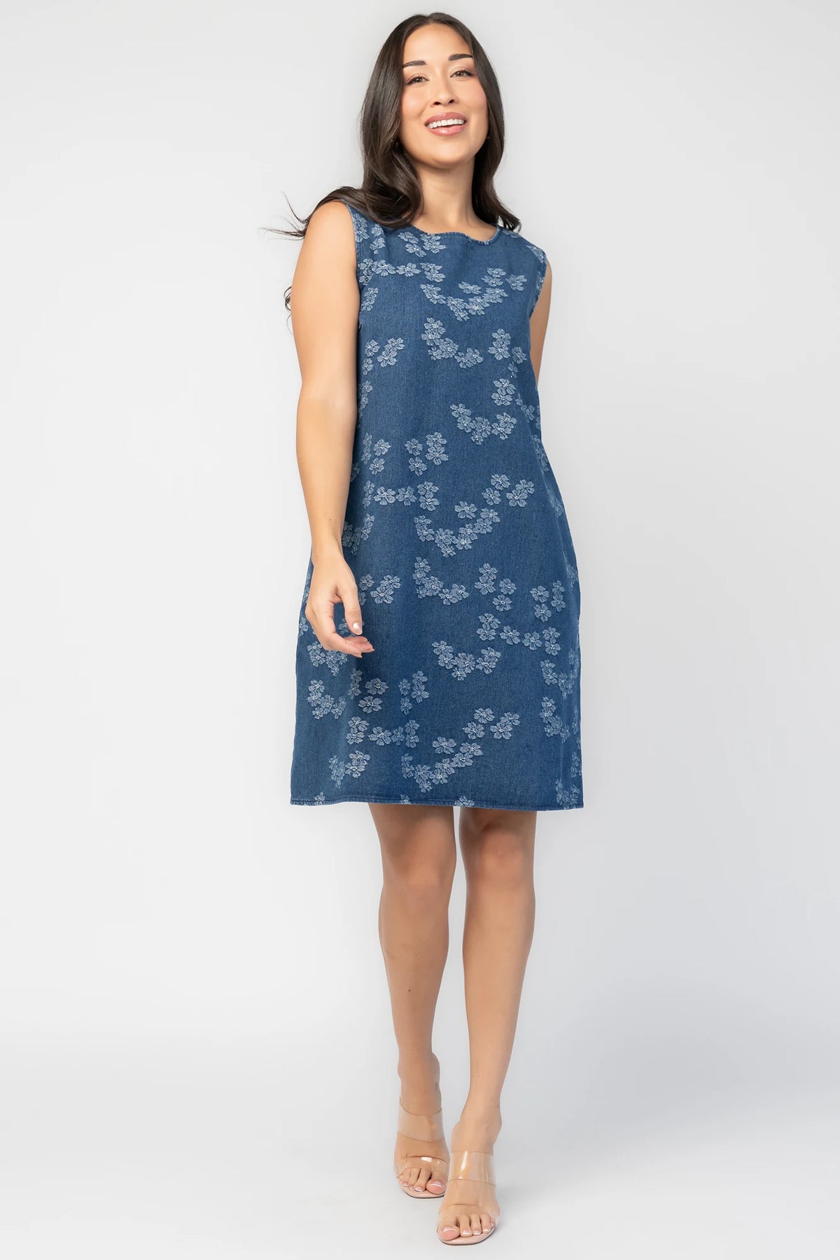 Monterosso Short Dress in Medium Wash Floral with round neckline, tank sleeves, floral print, and relaxed shift silhouette.