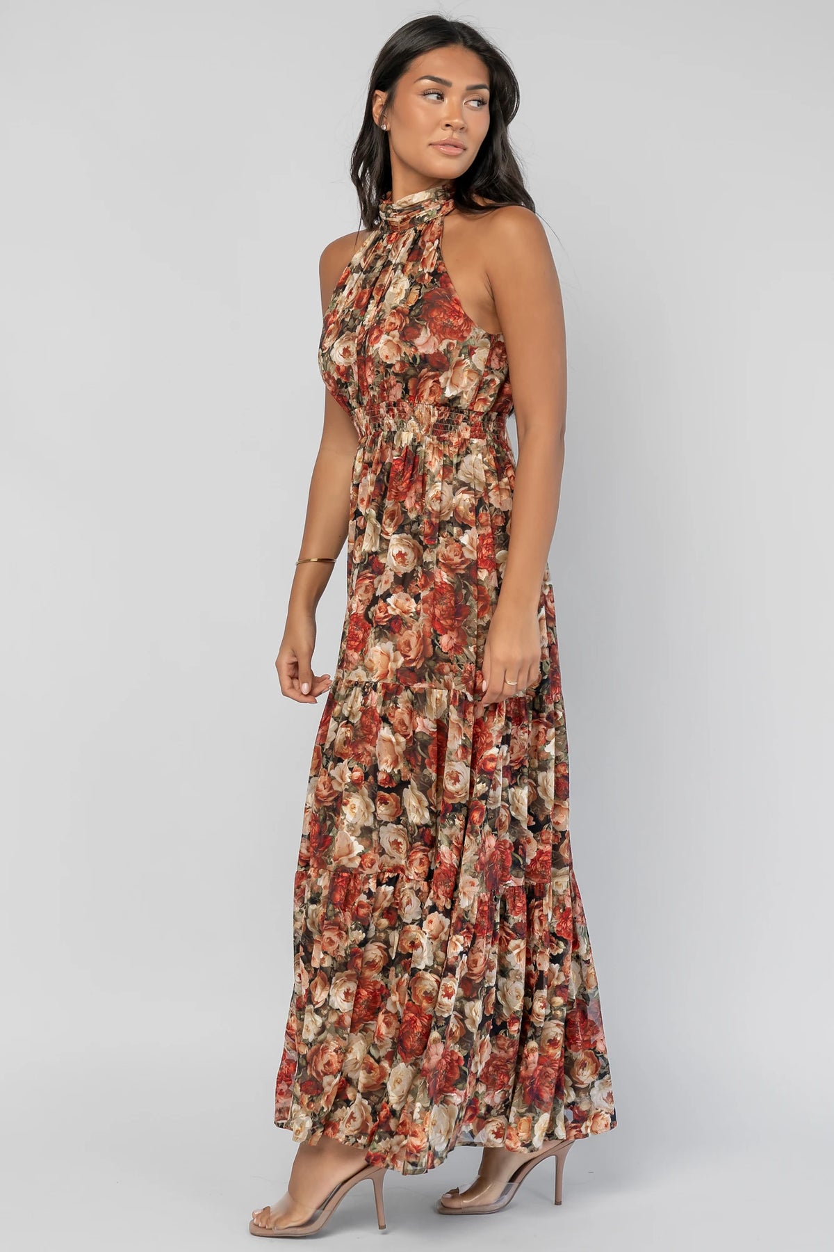 Pulitzer Maxi Dress in Rose Multi with a high halter neckline, textured chiffon, smocked waistband, and tiered maxi skirt.