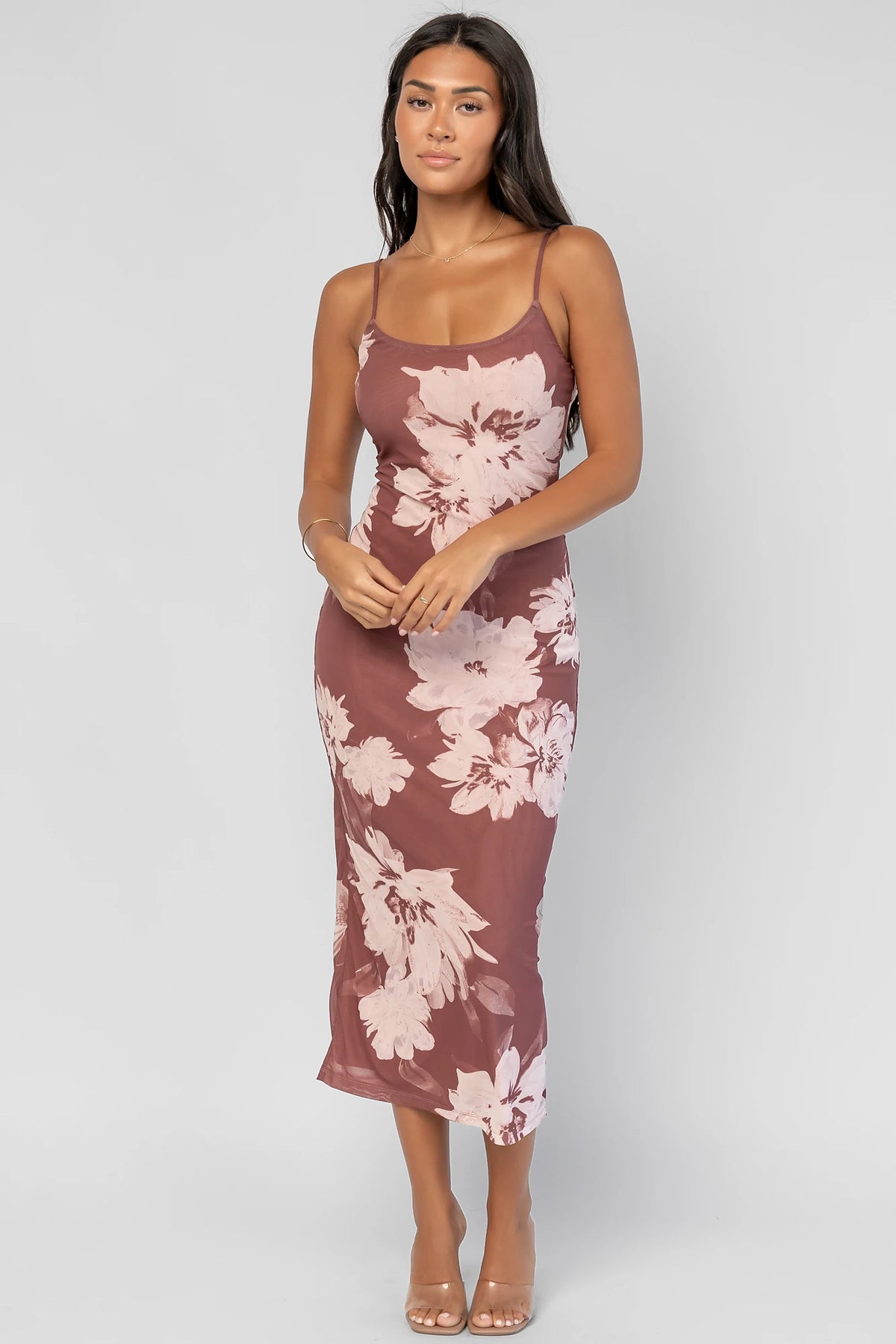 Raelynne Mesh Midi Dress in Dusty Mauve Floral with a scoop neckline, adjustable straps, and a flowing floral print.