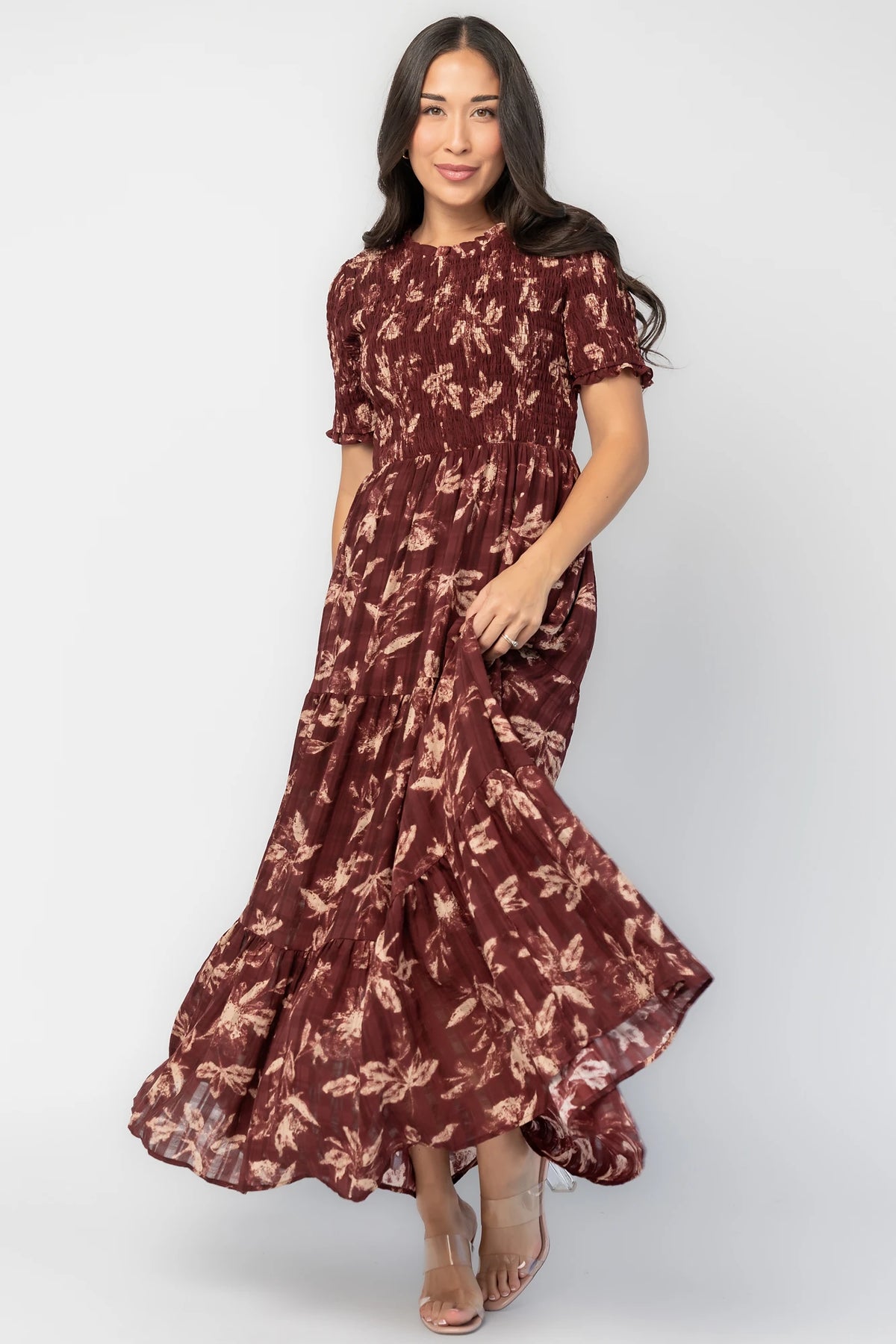 Samantha Smocked Maxi Dress in Dark Berry Print with floral chiffon, round neckline, smocked bodice, and tiered skirt.