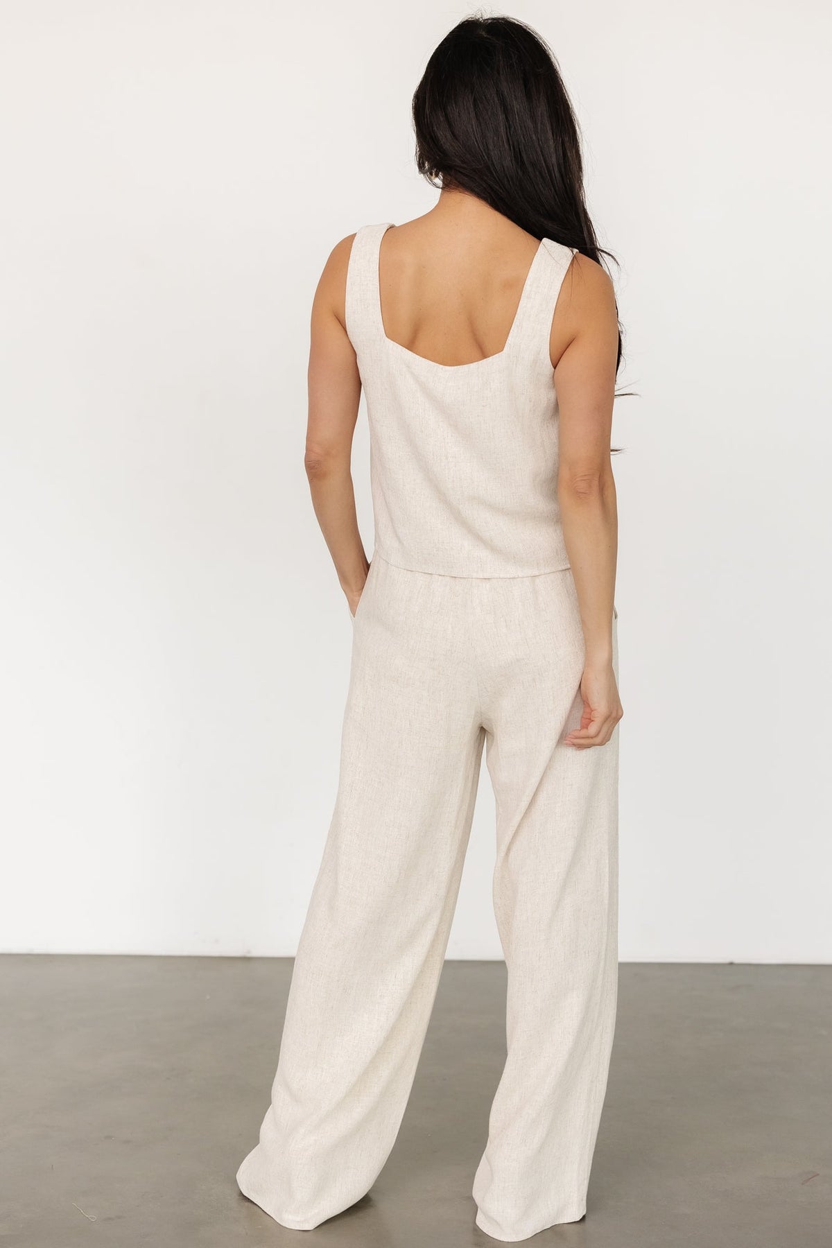 Studio flat-lay of Sparrow Tank and wide-leg pants in heathered natural to highlight linen-rayon texture and neutral color.