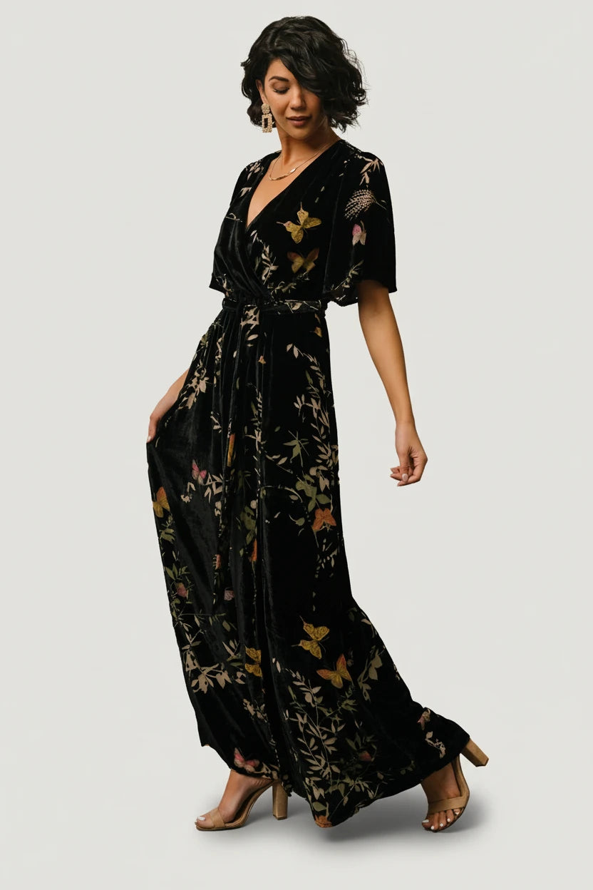 Uma Velvet Maxi Dress | Black Butterfly Print