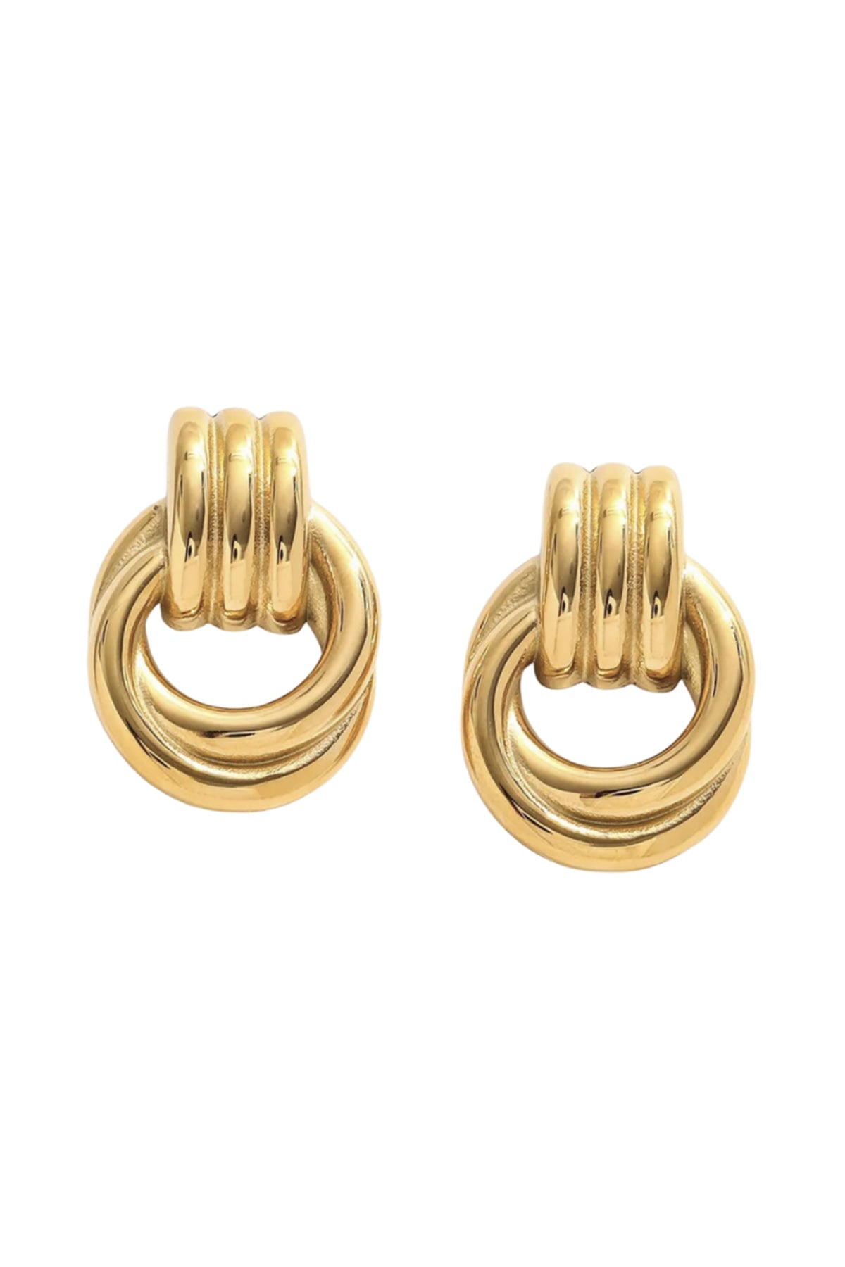 Styled detail photo of Hailey Earrings paired with layered chains, showing scale, finish contrast, and post-back fastening.