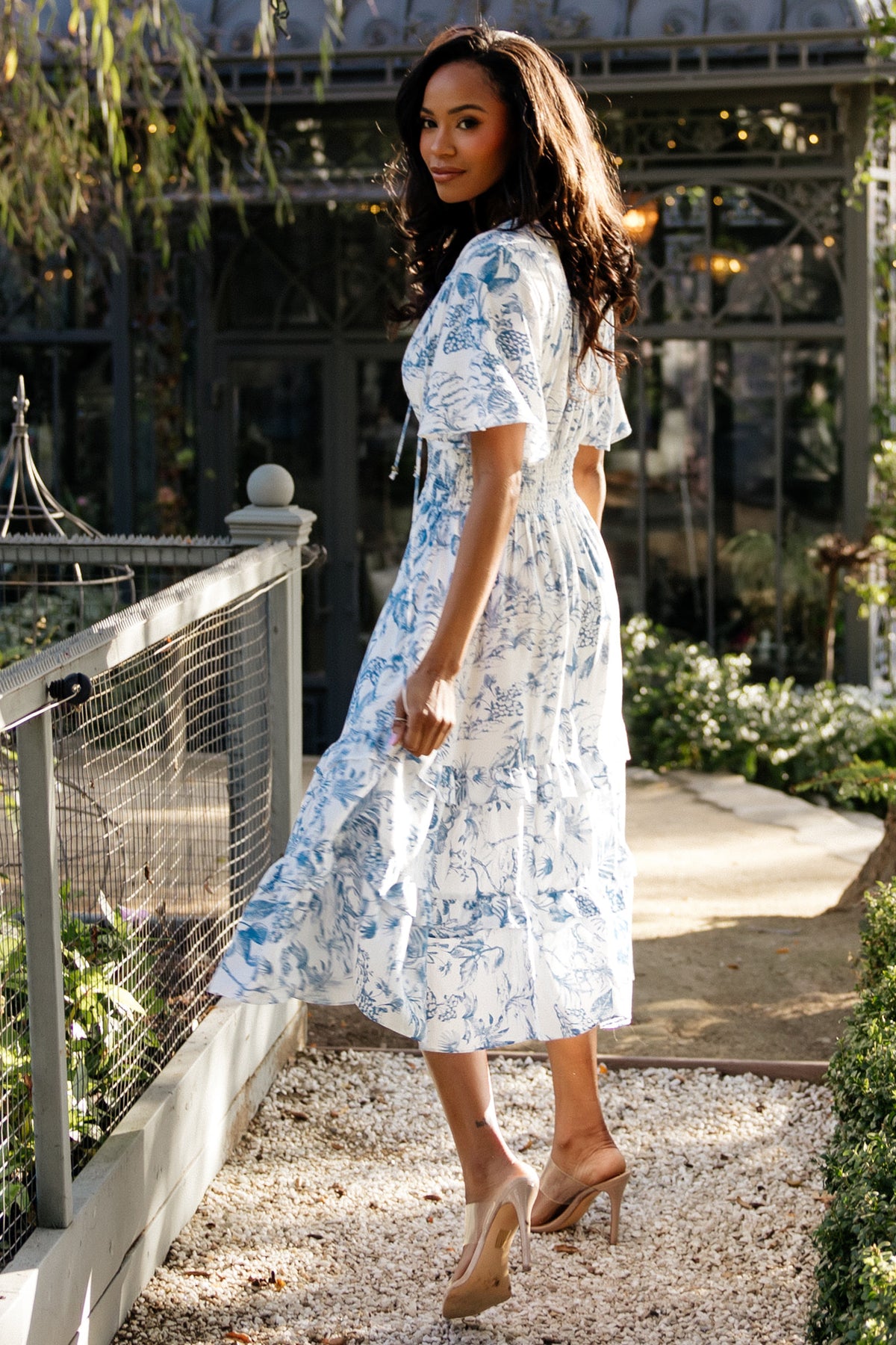 Styled look of Willow Boho Midi Dress paired with sandals and an accessory, showing full-length midi hem and airy, bump-friendly fit.
