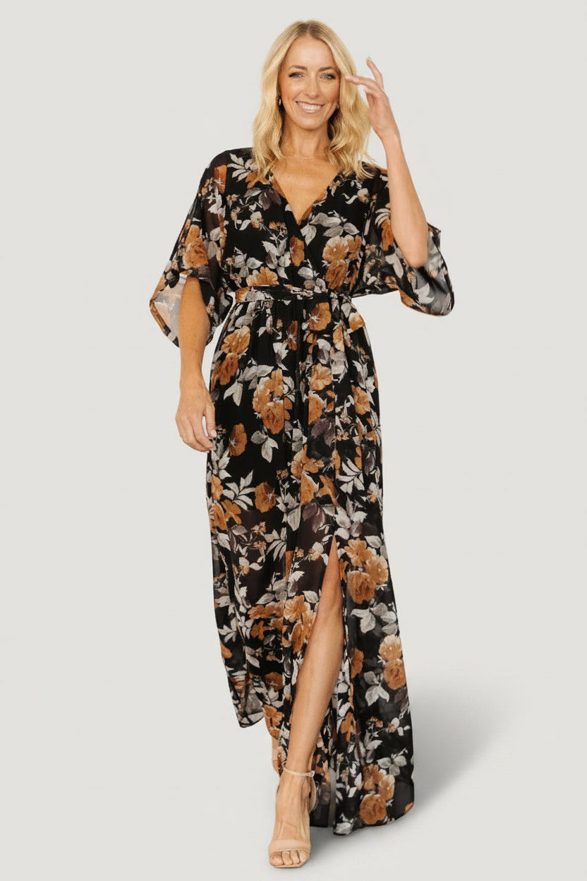 Kia Kimono Maxi Dress | Black + Copper Floral