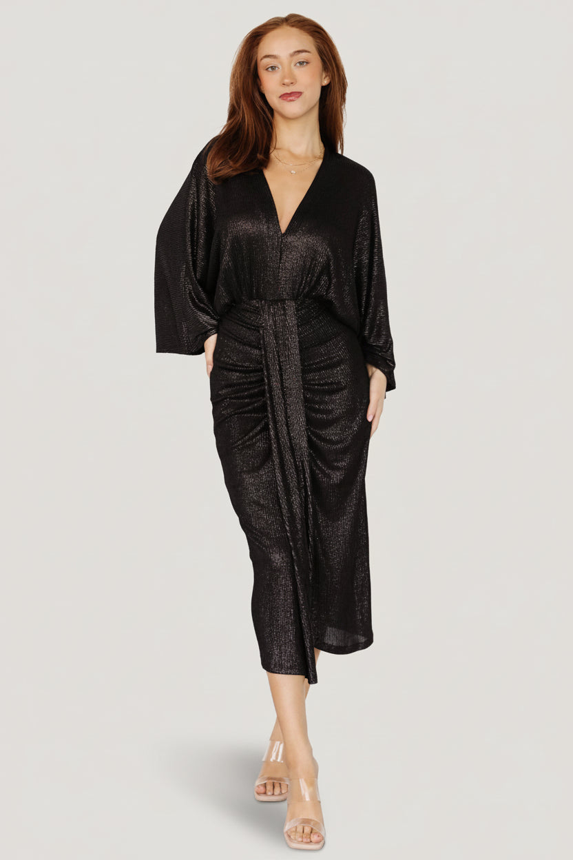 Ciara Ruched Midi Dress | Black Metallic