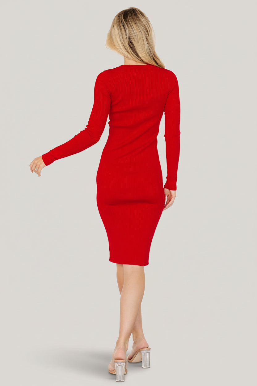 Back and side view of the red Mavis Ribbed Midi Dress on model, illustrating the fitted silhouette, long sleeves and where the midi hem falls.