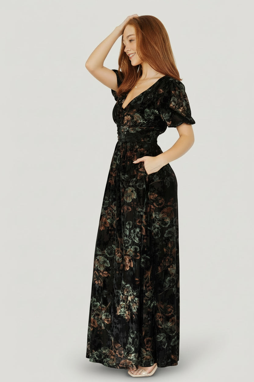 Close-up of embossed velvet fabric and floral print on the Leslie Velvet Maxi Dress, highlighting texture, color contrast, and stitching.