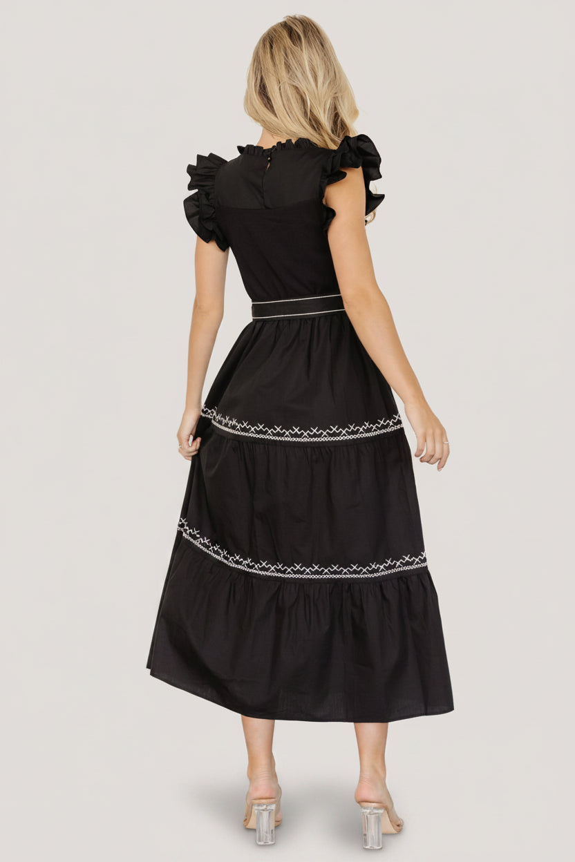 Elisa Embroidered Midi Dress | Black