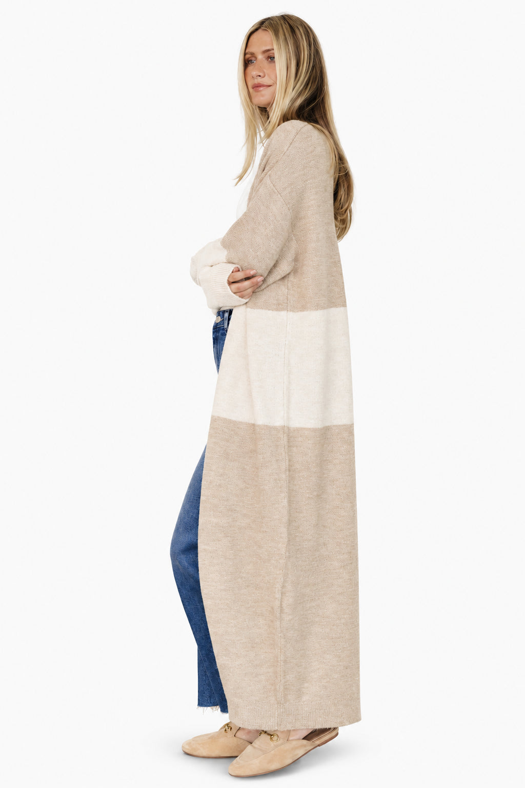 Back and side view of Thea longline cardigan revealing straight hem, colorblock placement, and relaxed fit across shoulders and back.
