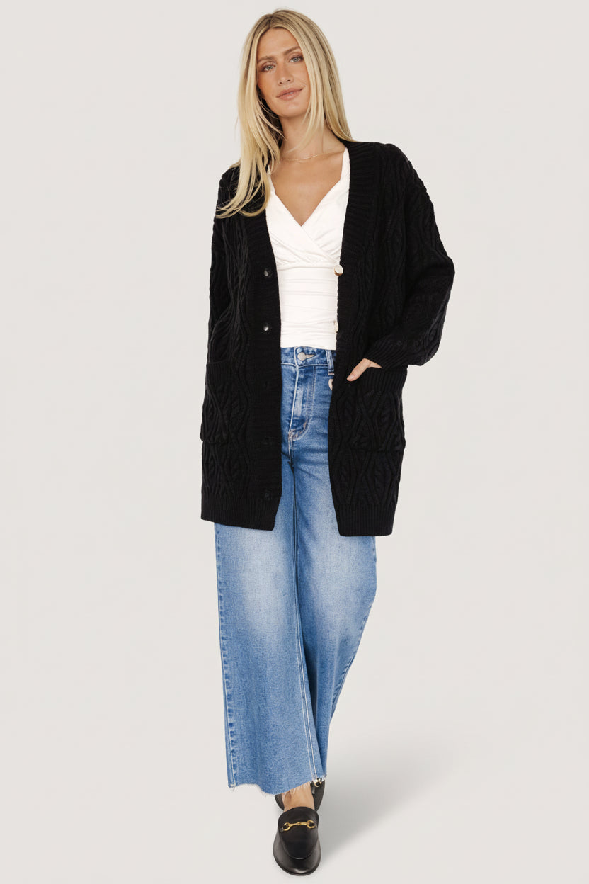 Close-up of the cardigan's texture and wide ribbed cuff, showing the depth of the chunky acrylic cable knit and button detailing.