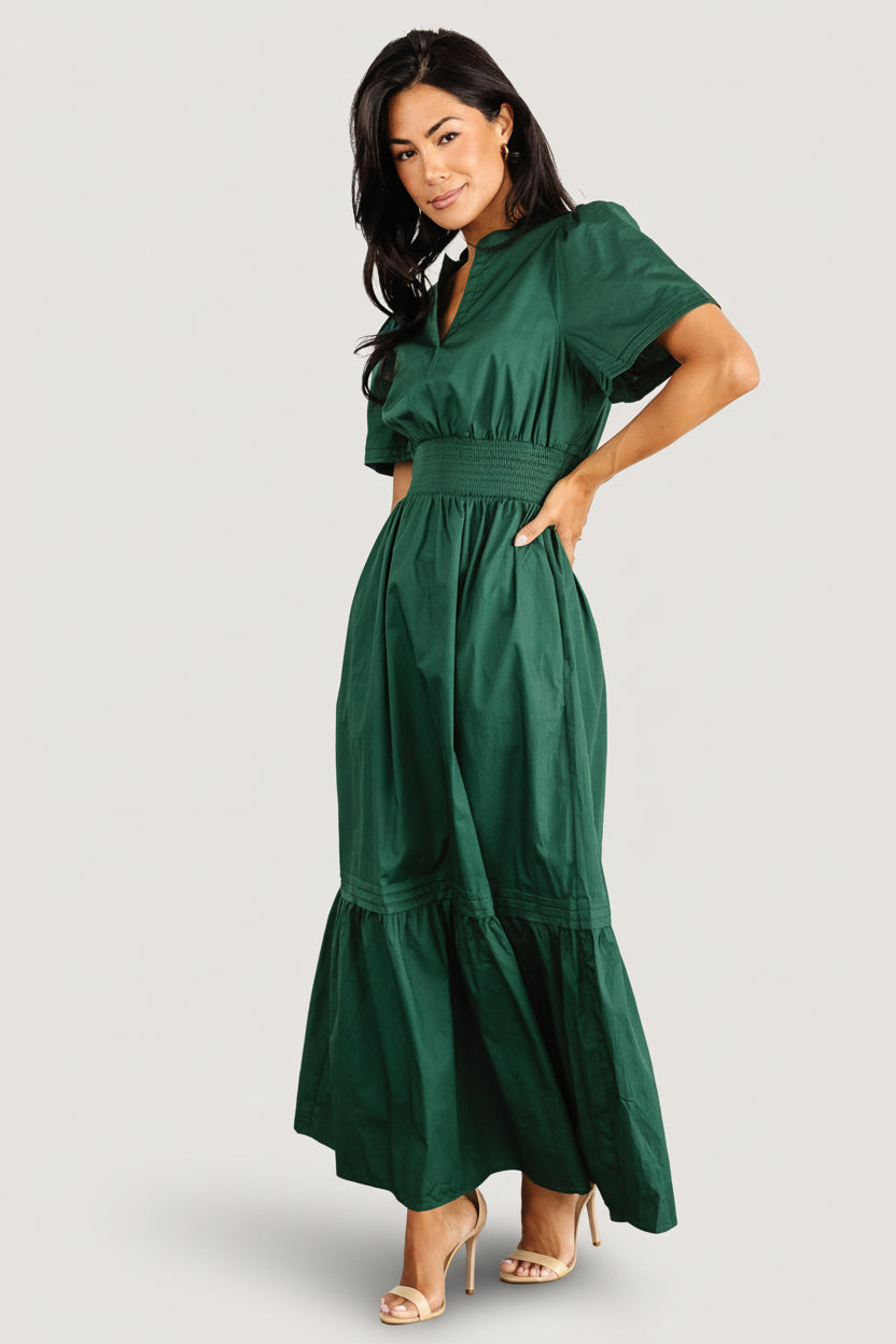 Styled look of Vera Maxi Dress in emerald paired with casual accessories, showing overall fit, length and everyday styling options on model.