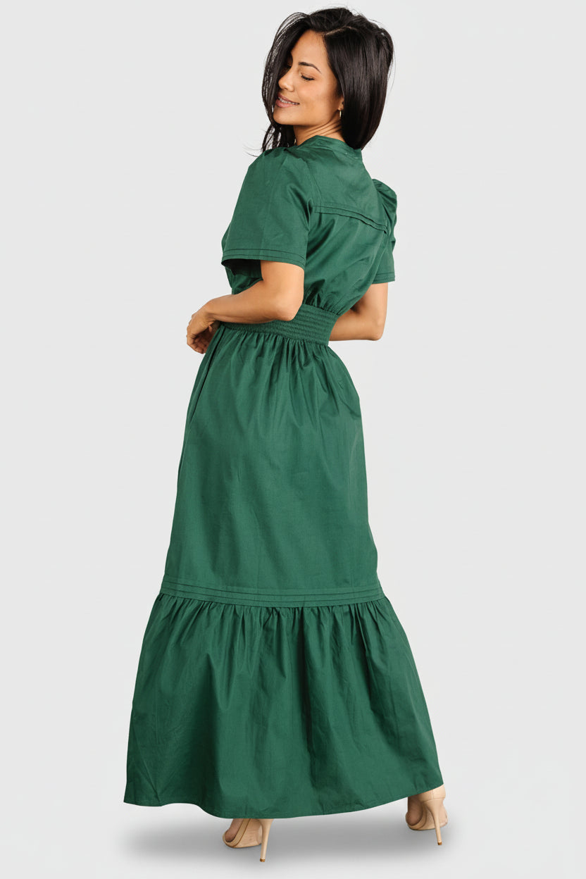 Detail image of Vera Maxi Dress in emerald focusing on fabric texture and tiered hem, illustrating cotton weave and subtle layered accents.