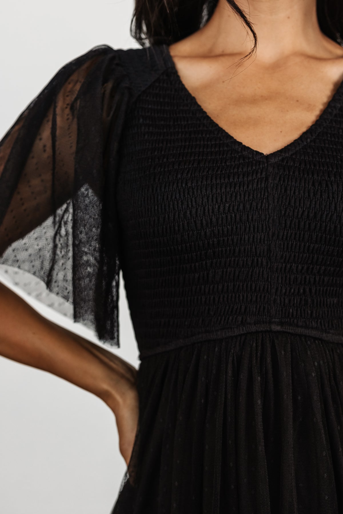 Close-up of Swiss dotted tulle overlay and fine dotted texture with lined interior visible through the sheer short sleeves of the dress.