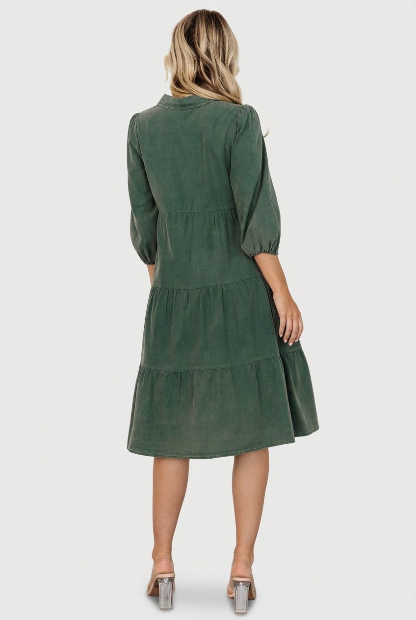 Close-up of button-front and collar on the forest green Sari Babydoll Dress showing acid-washed cotton texture and subtle distressing.