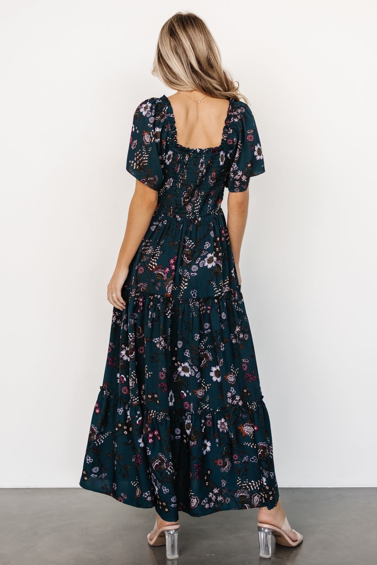 Close-up of sleeve and shoulder ruffle on the Southampton smocked maxi dress in jade blossom, emphasizing flutter sleeve detail.