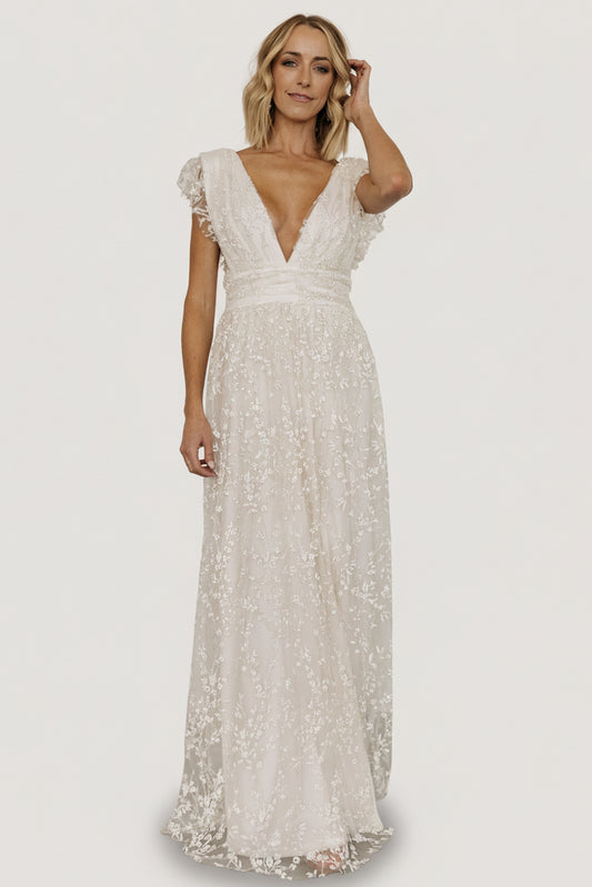 Front view of Arlene Shimmer Maxi Gown in ivory with deep V-front, high banded waist, and shimmering floral tulle overlay.