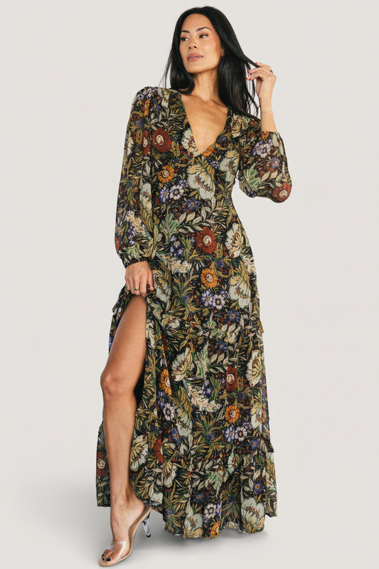 Front view of Bowman Deep V Maxi Dress in black multi floral, showing deep V-neck and ruffle-tiered skirt in flowing chiffon fabric.