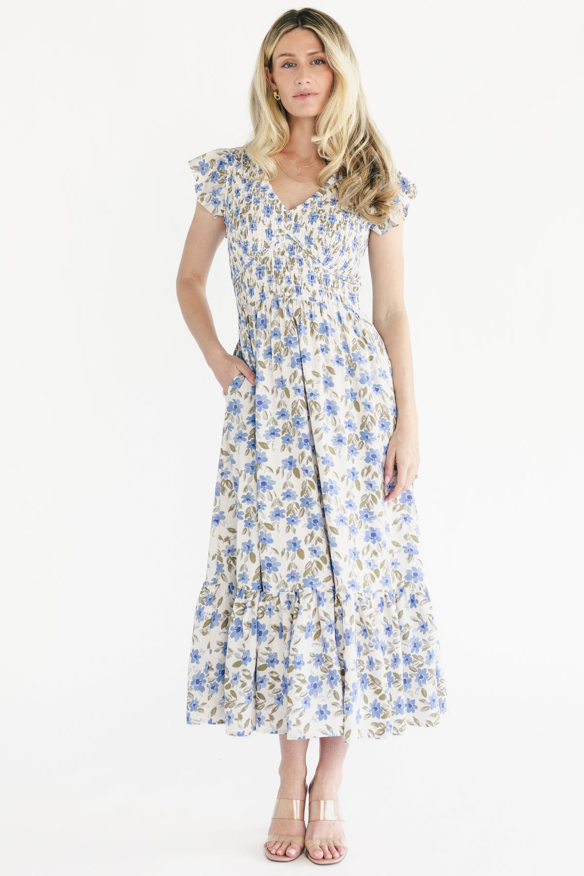 Tilly Smocked Dress | Ivory + Blue Floral