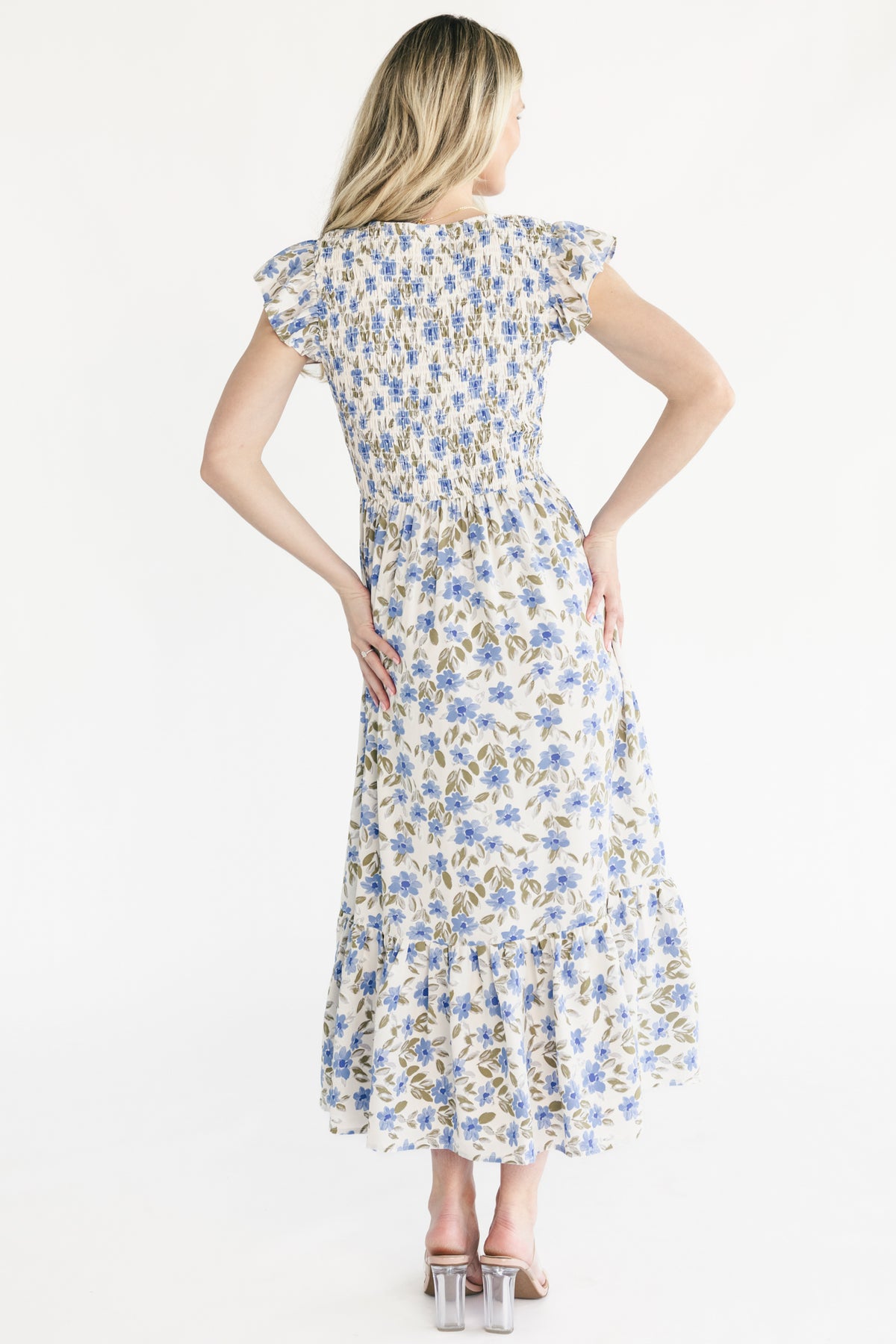 Tilly Smocked Dress | Ivory + Blue Floral