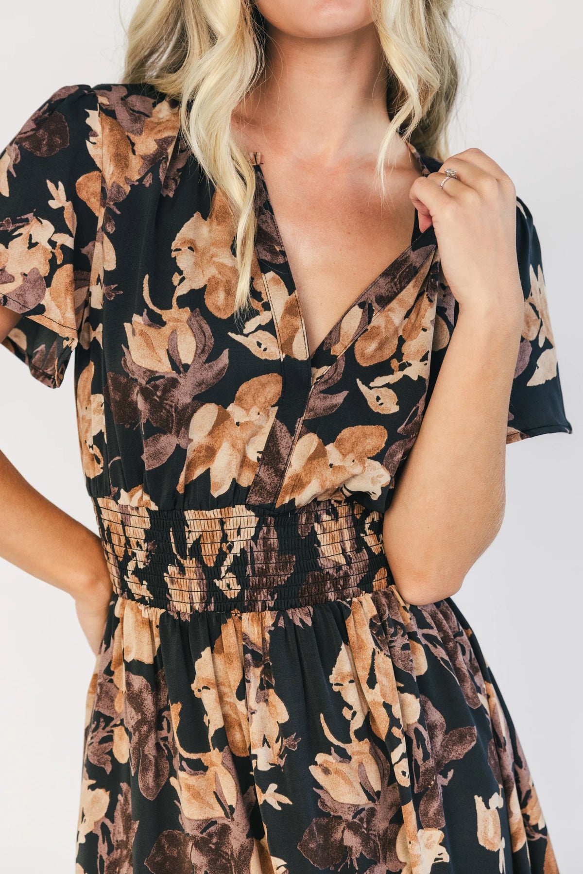 Model wearing a black floral midi dress with a V-neckline, short flutter sleeves, and a smocked waistband.