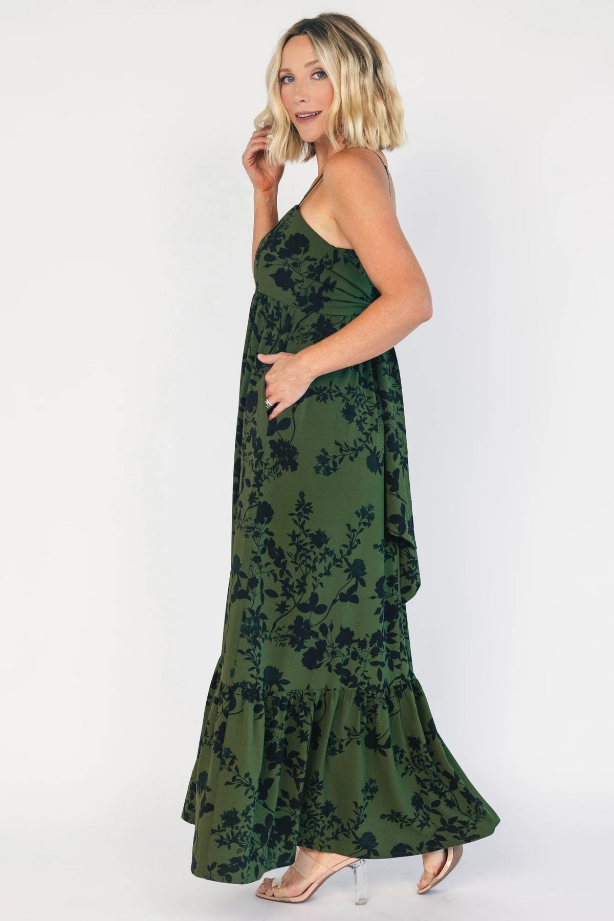 Rowan Tank Maxi Dress in Deep Olive with floral print, adjustable straps, smocked back, sash tie, and tiered skirt.