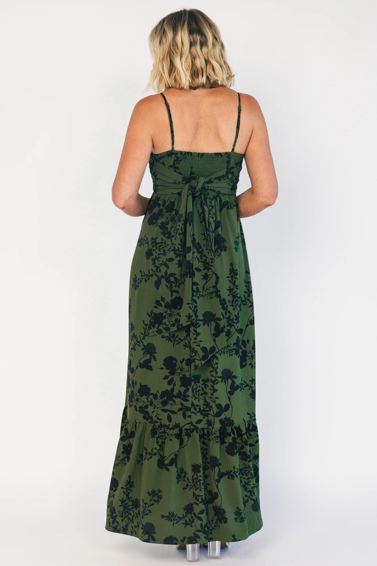 Rowan Tank Maxi Dress in Deep Olive with floral print, adjustable straps, smocked back, sash tie, and tiered skirt.