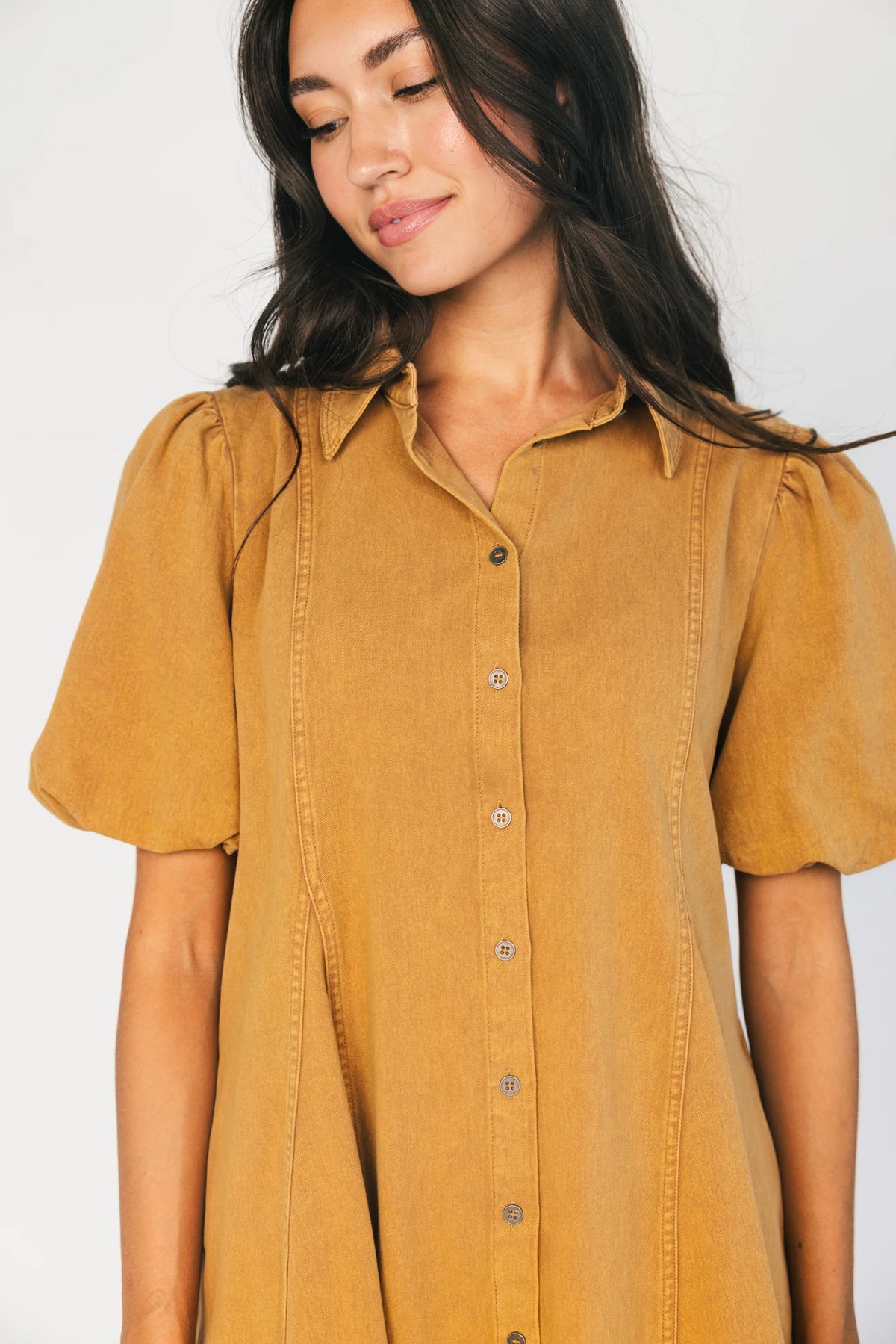 Geneva Button Front Short Dress in Camel with collared neckline, puff sleeves, princess seams, and fit-and-flare skirt.