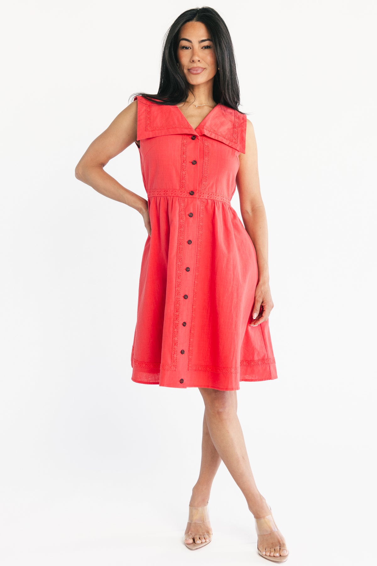 Tomato-red short dress with oversized sailor collar, V-neck, button-front closure, lace trim details, and elastic back waist for a fitted look.