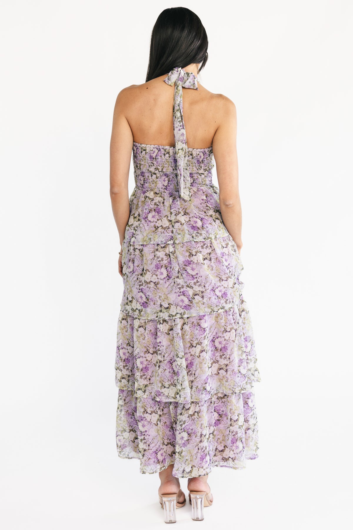 Close-up detail of lavender and olive floral chiffon fabric, showing print scale, delicate ruffle edge and fine fabric texture.