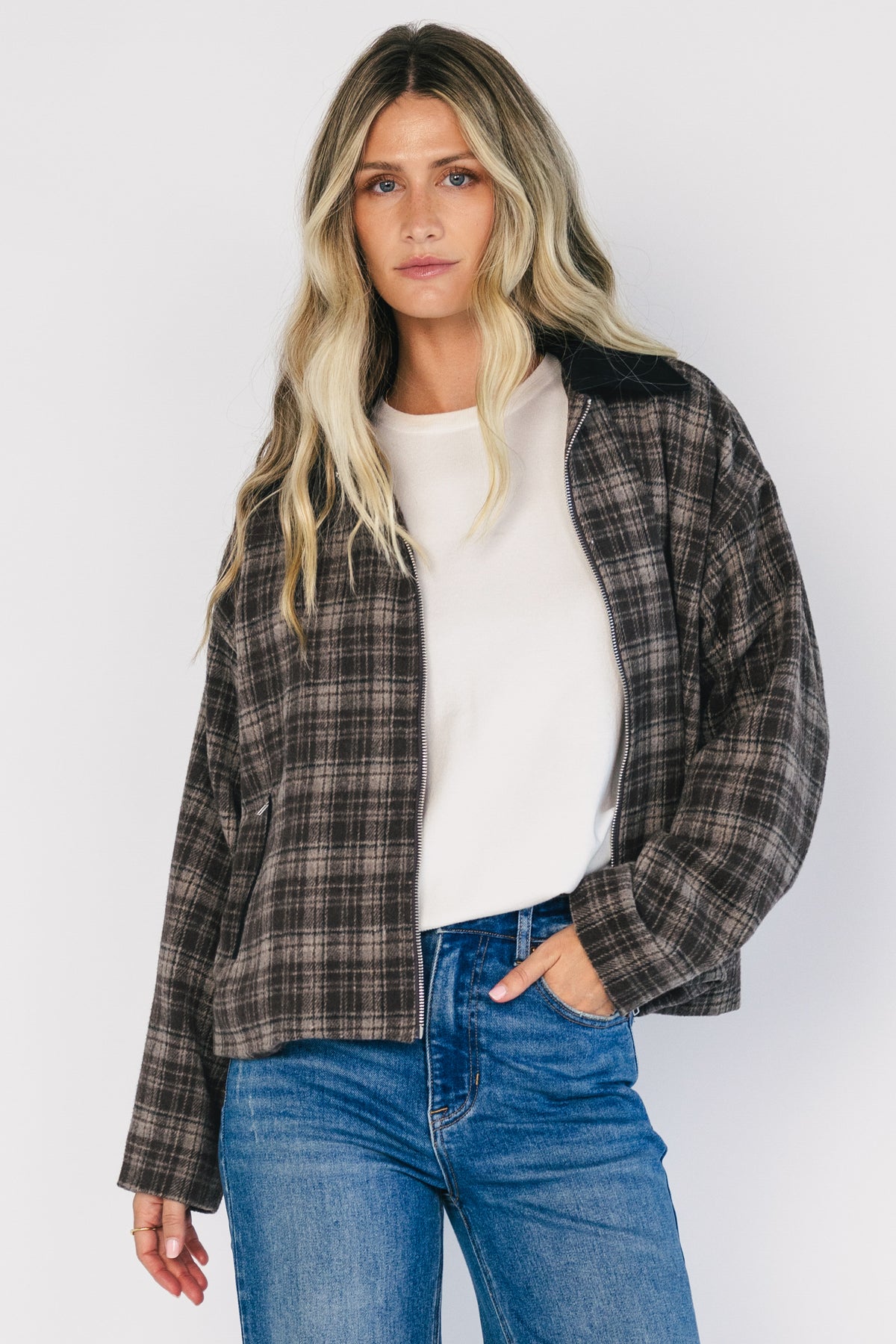 Harvard Jacket in Brown Plaid with contrast suede collar, zip front, long sleeves, zip pockets, and cropped silhouette.