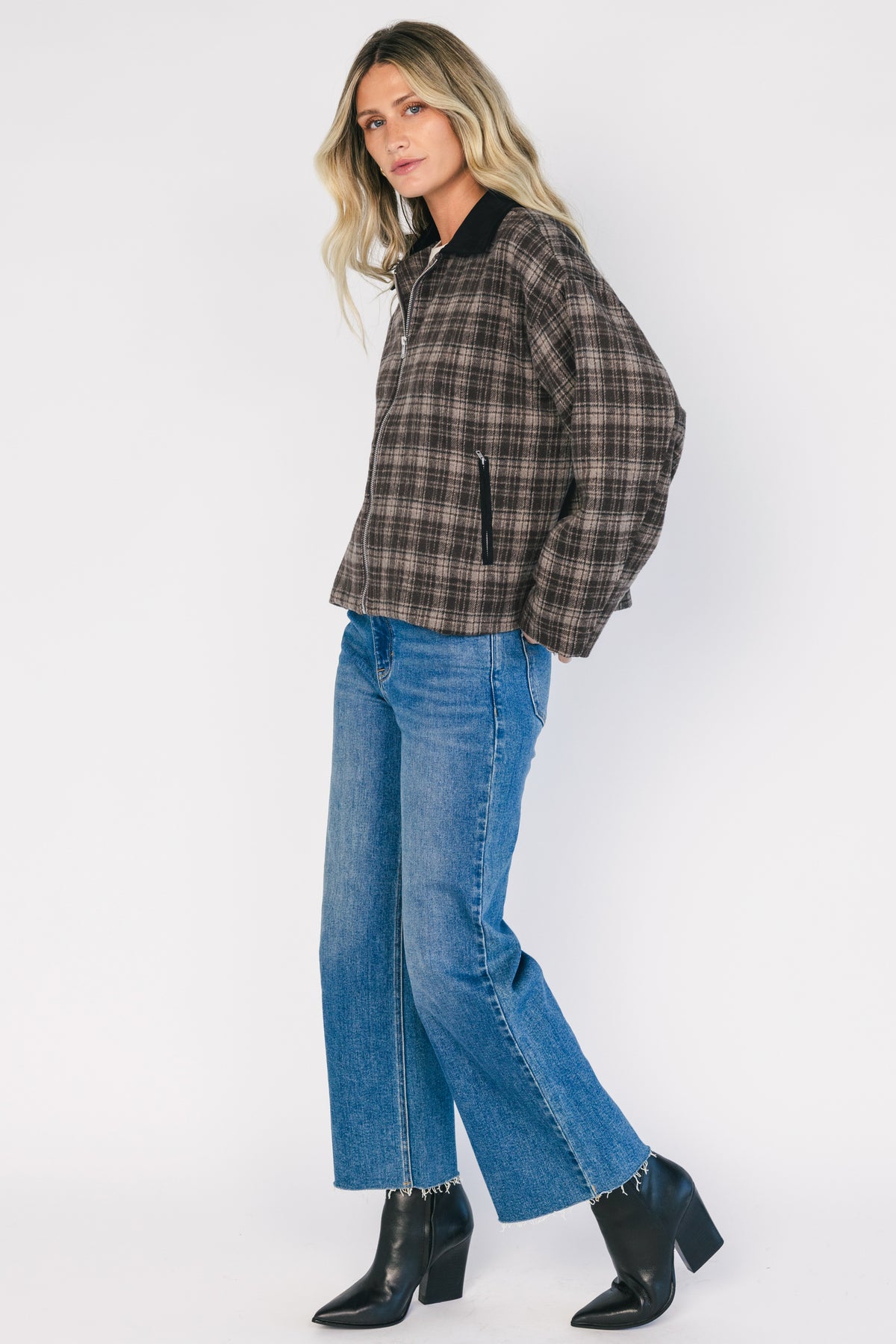Harvard Jacket in Brown Plaid with contrast suede collar, zip front, long sleeves, zip pockets, and cropped silhouette.