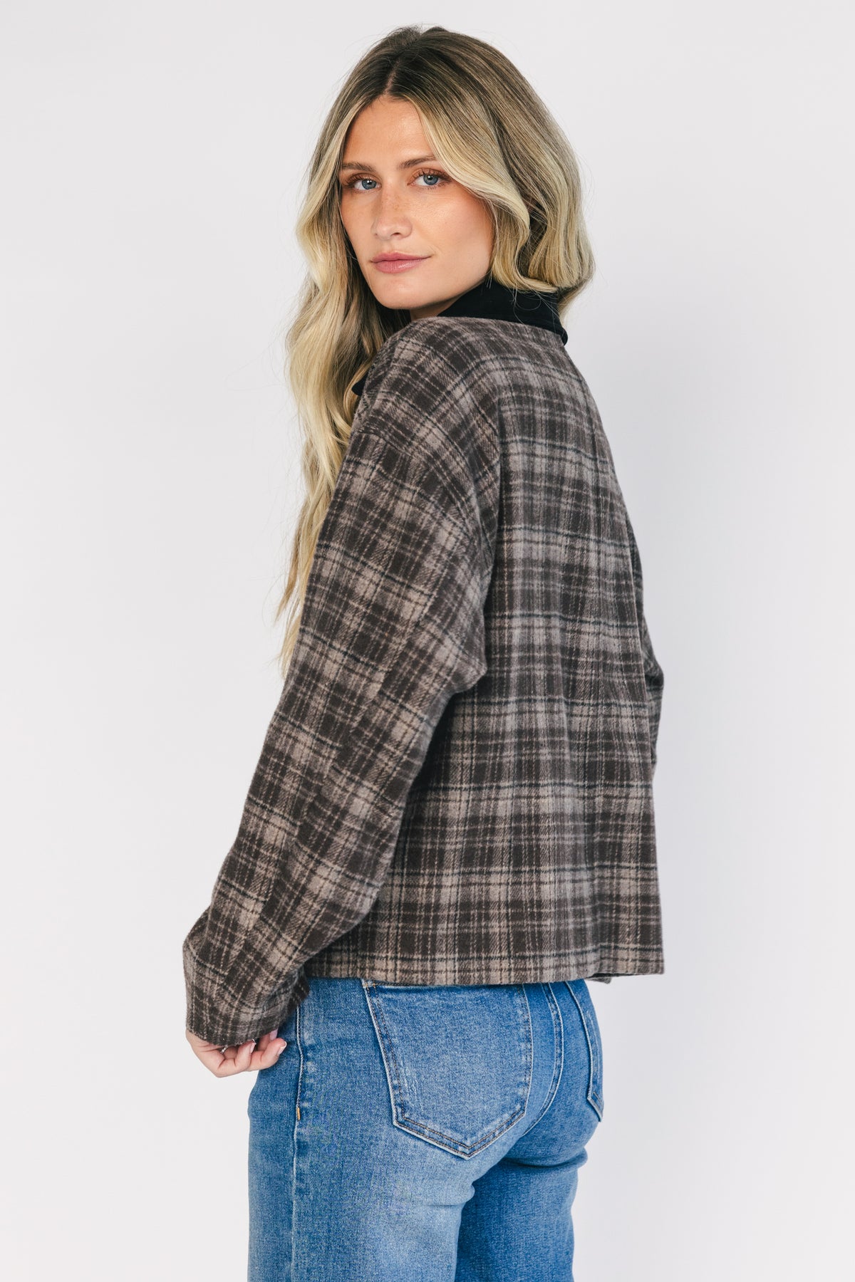 Harvard Jacket in Brown Plaid with contrast suede collar, zip front, long sleeves, zip pockets, and cropped silhouette.