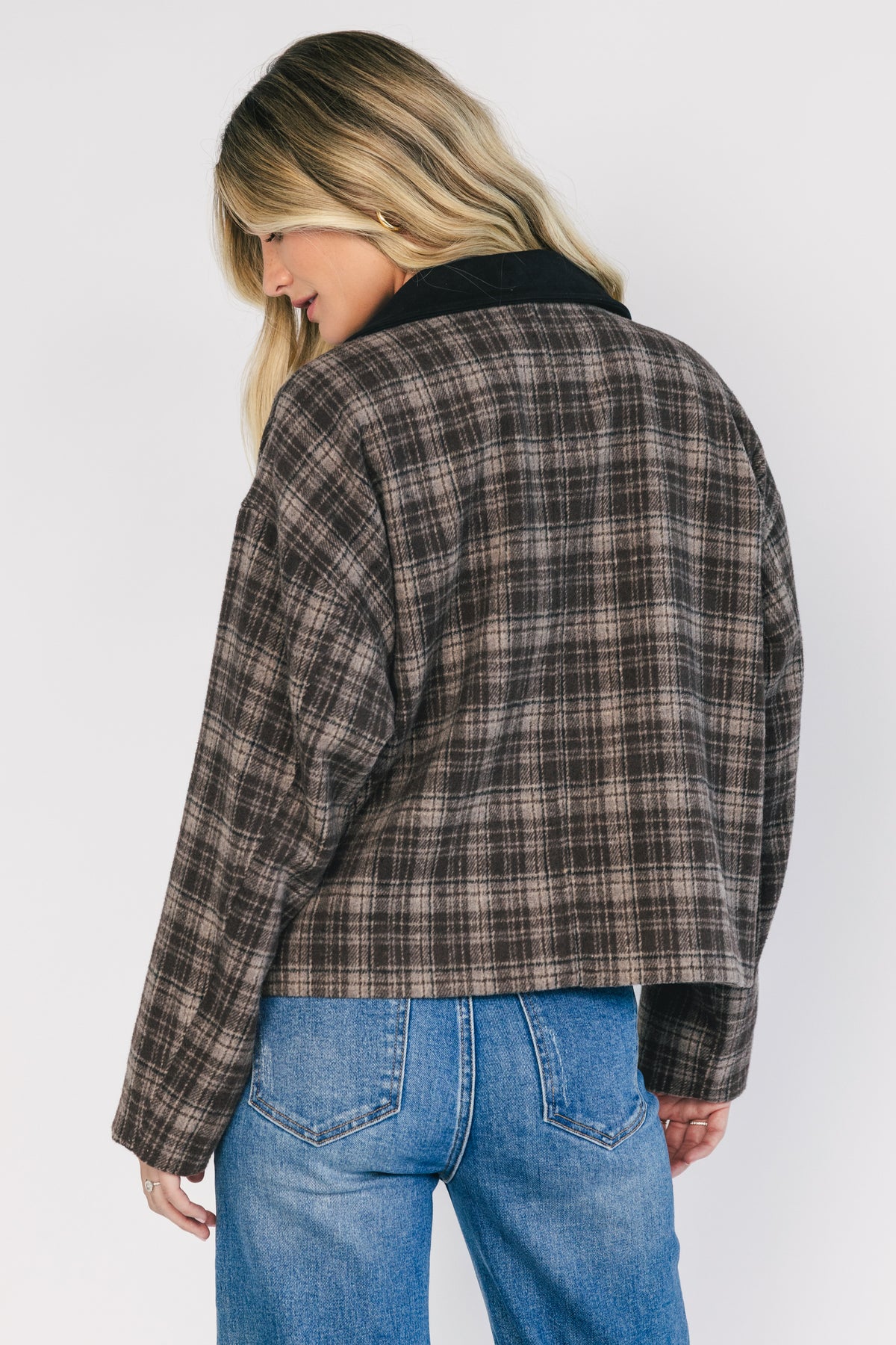 Harvard Jacket in Brown Plaid with contrast suede collar, zip front, long sleeves, zip pockets, and cropped silhouette.