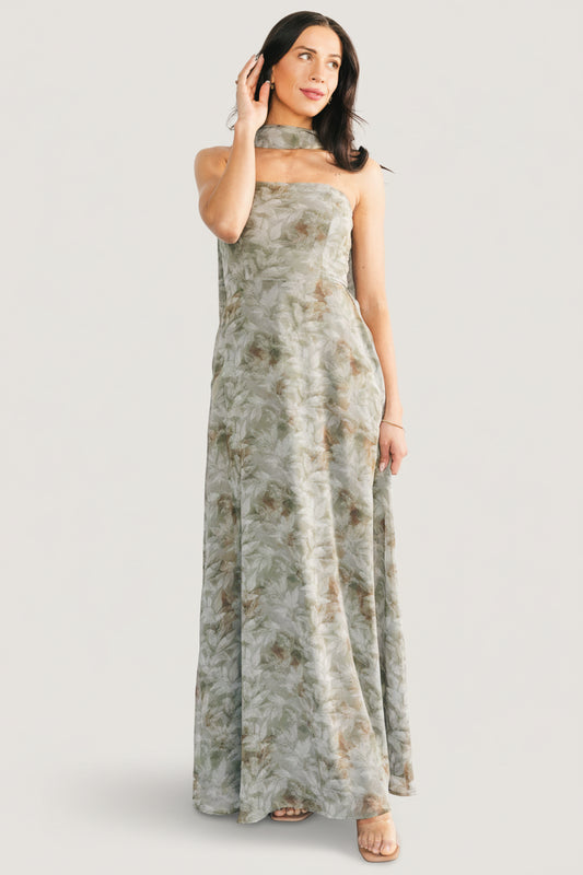 Close-up of the Florian strapless maxi showing bodice detail, elastic-grip edge and smocked back texture in eucalyptus floral chiffon.