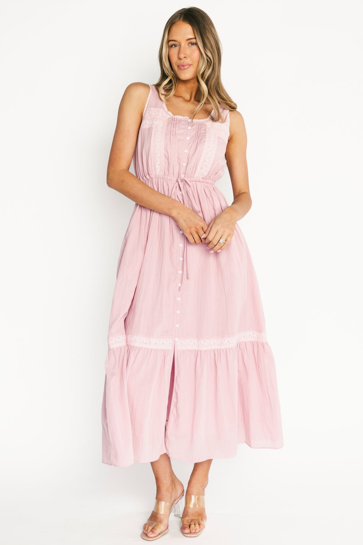 Back and side view of Blanche Midi Dress displaying tank sleeves, tiered skirt movement, and lightweight cotton fabric.
