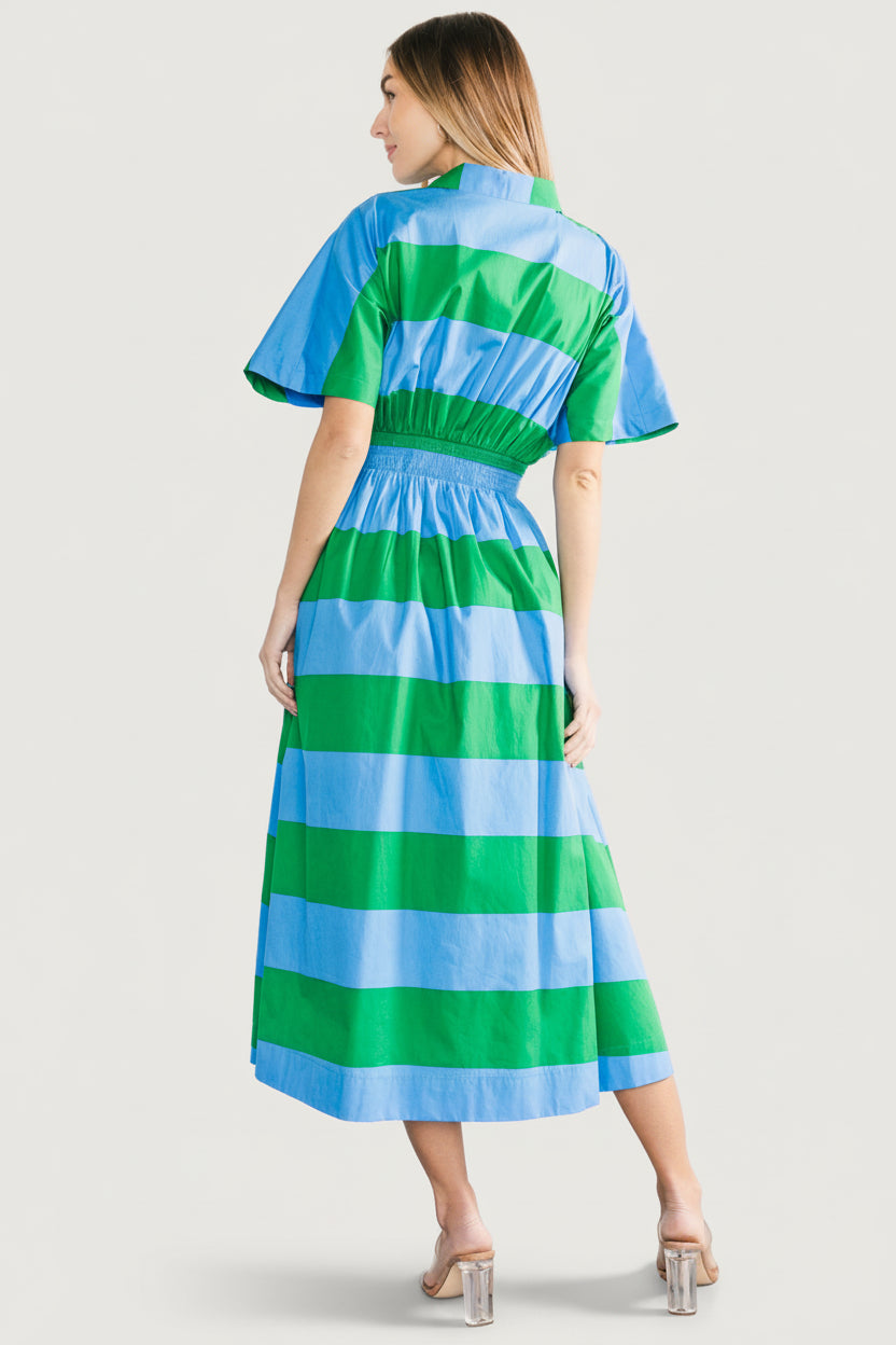 Close-up of the lapel collar, button placket, and blue-green stripe cotton fabric texture on the Tracy Shirt Dress.
