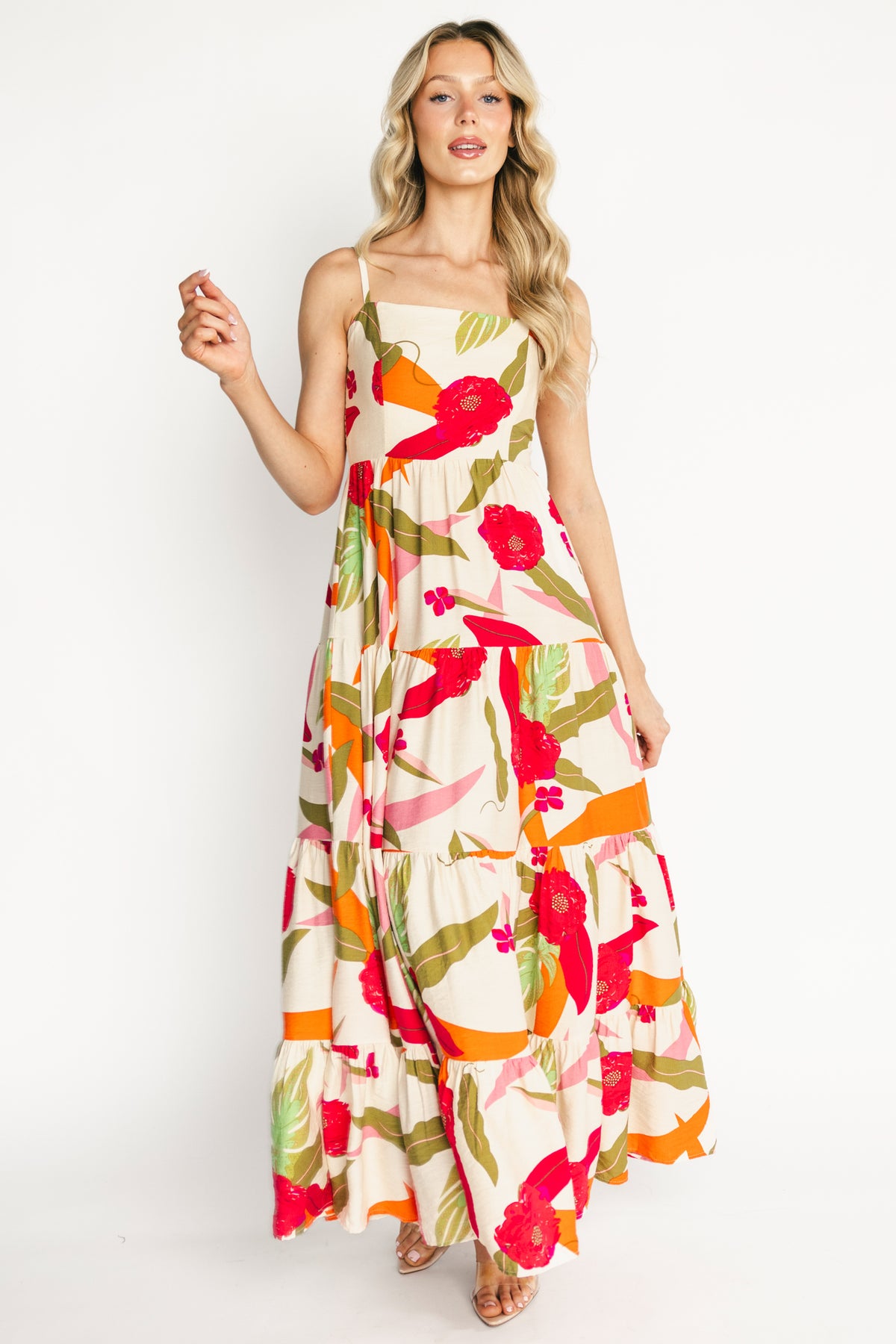 Front view of Silvia Maxi Dress in Natural + Pink Multi showing full-length tiered skirt and floral print on model.