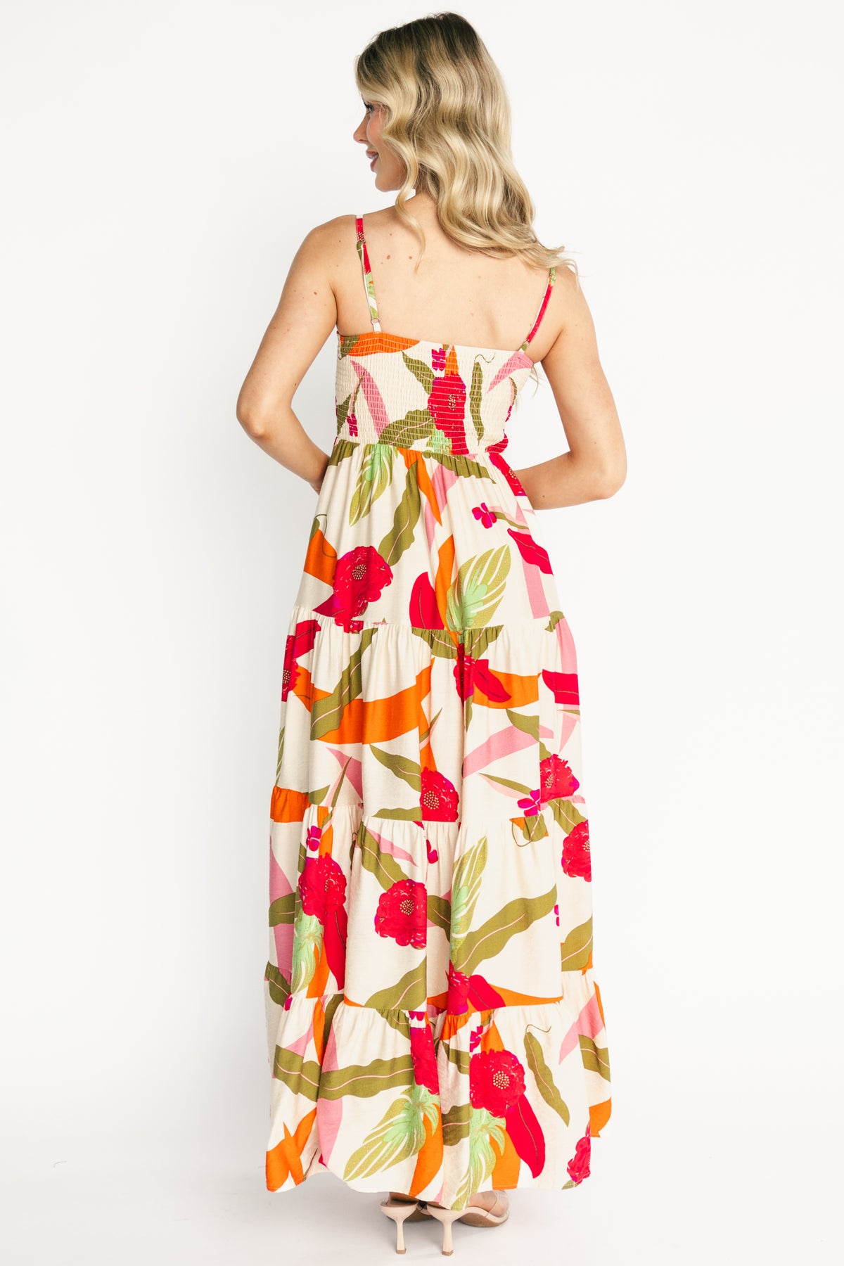 Full-length styling shot of Silvia Maxi Dress in Natural + Pink Multi paired with casual sandals to show movement and drape.